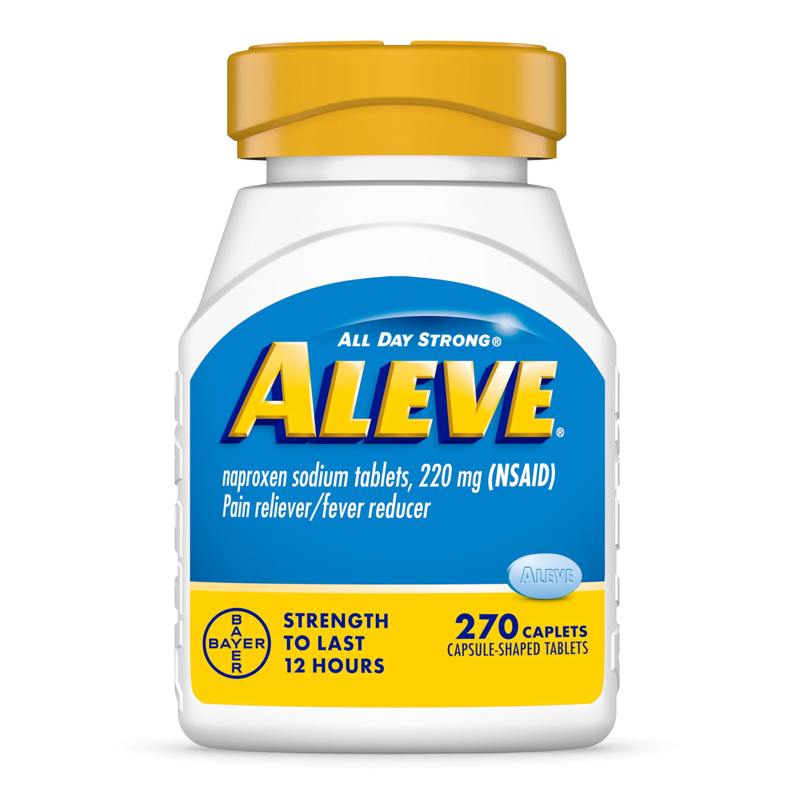 Aleve, botella de caplets volcando para alivio prolongado del dolor.