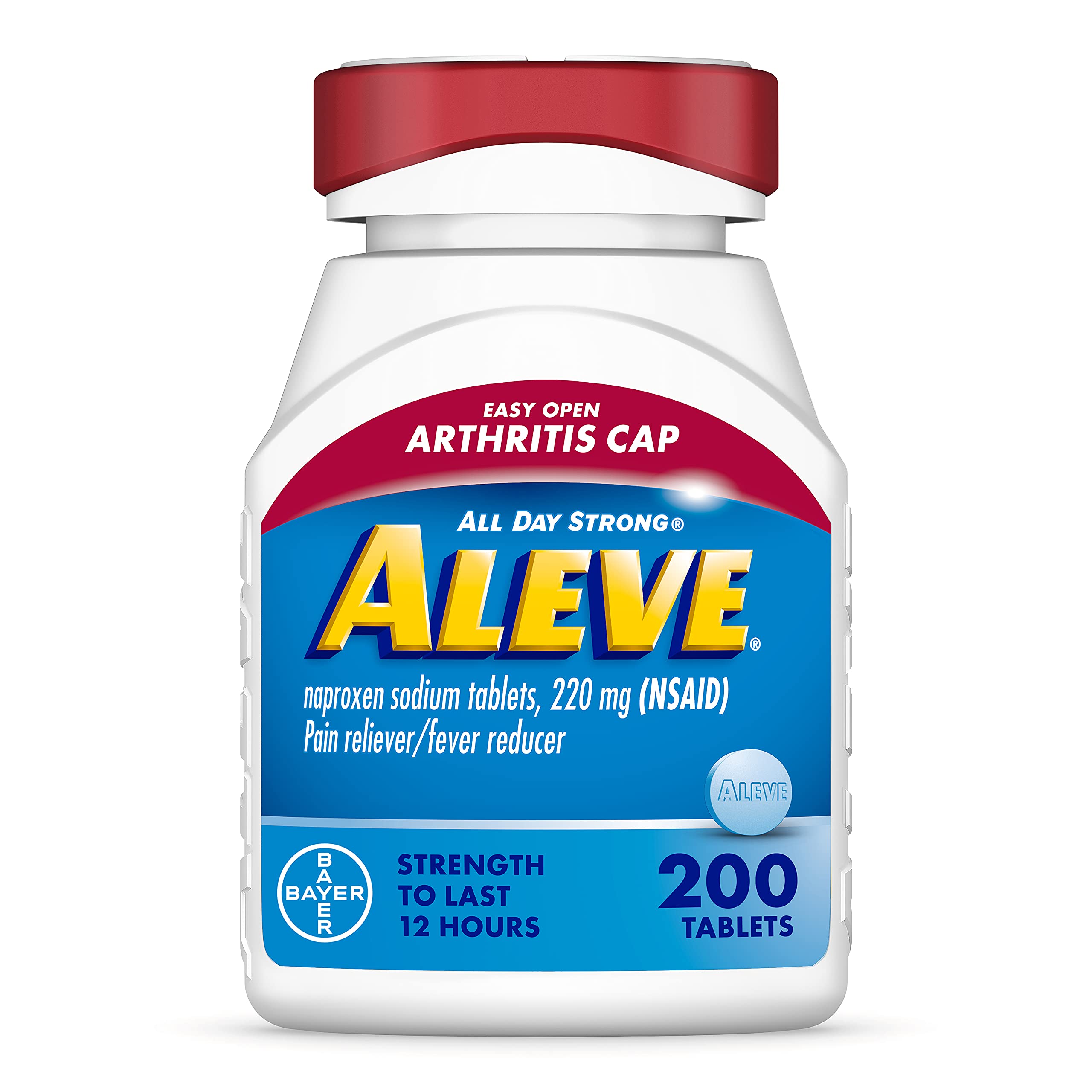 Aleve: botella con tapa de apertura fácil para un uso cómodo
