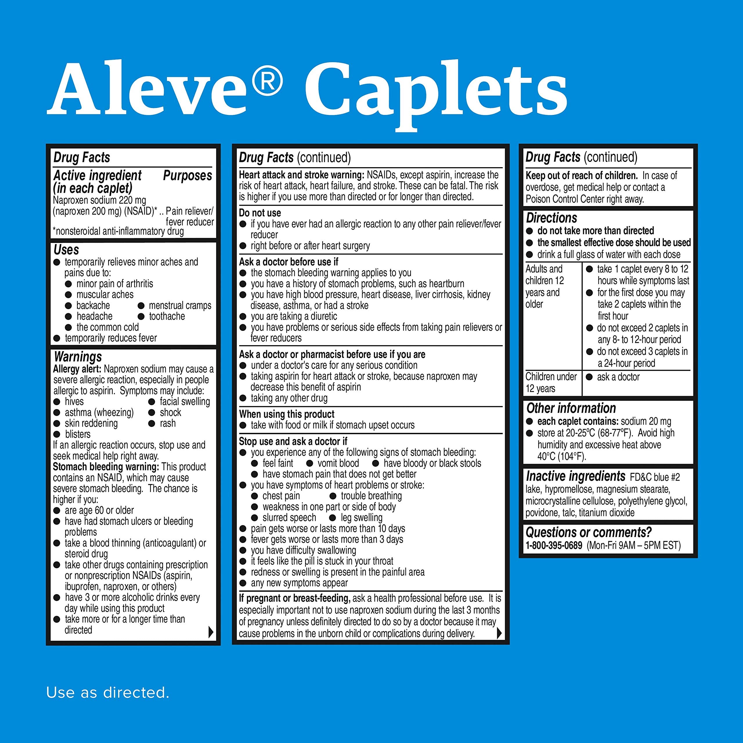 Caja externa de Aleve Caplets con información de uso