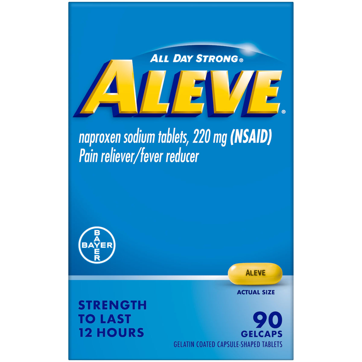Aleve Gelcaps: botella visible para alivio de dolor durante el día.