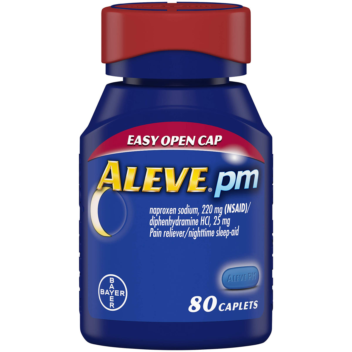 Aleve PM Caplets: botella en mano con apertura fácil para dormir mejor.
