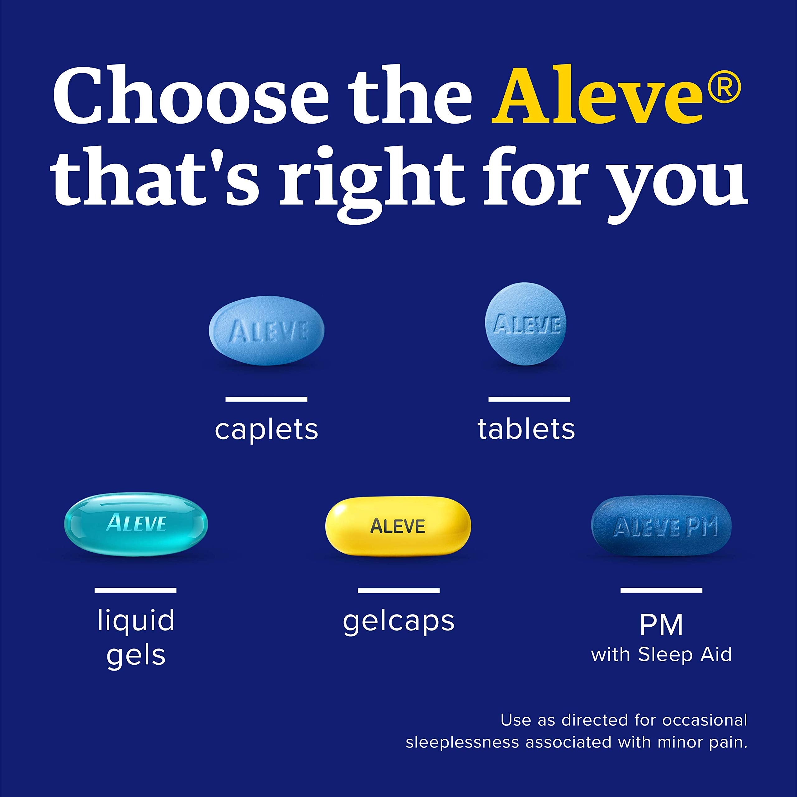 Aleve PM Caplets: empaque con 80 caplets para provisión nocturna.