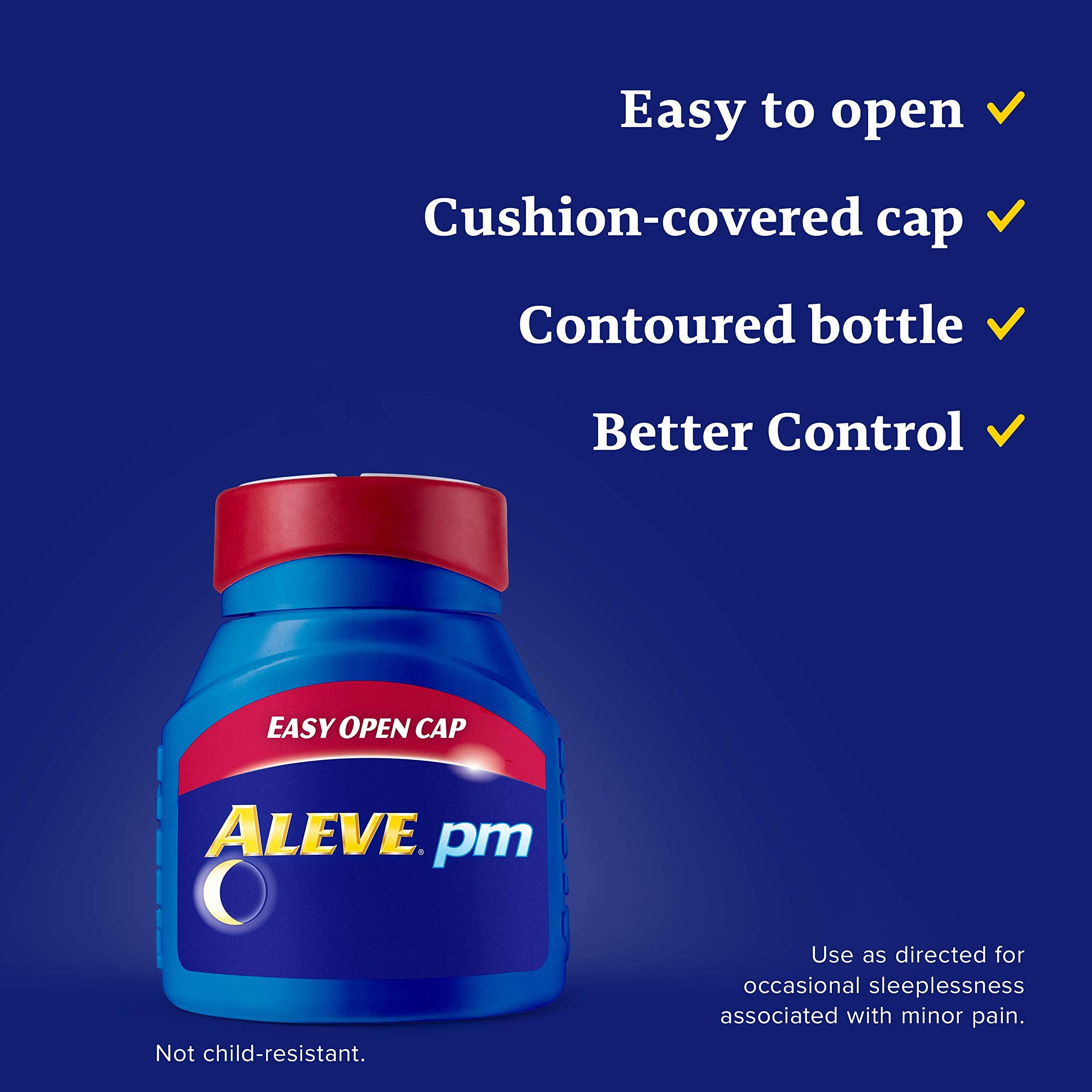 Aleve PM Caplets: caplets mostradas junto a la cama para tomar antes de dormir.