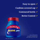 Aleve PM Caplets: caplets mostradas junto a la cama para tomar antes de dormir.