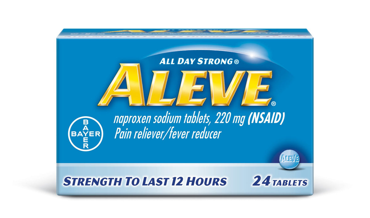 Aleve tableta de 220 mg para alivio del dolor que dura hasta 12 horas.