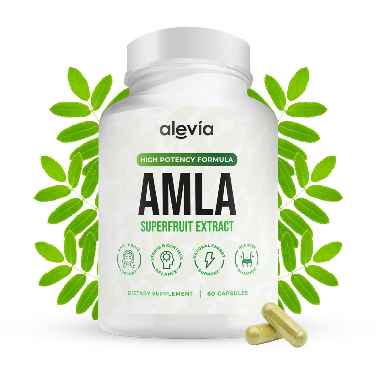 Alevia Amla cápsulas 1000mg envase: apoyo antioxidante diario para el bienestar.