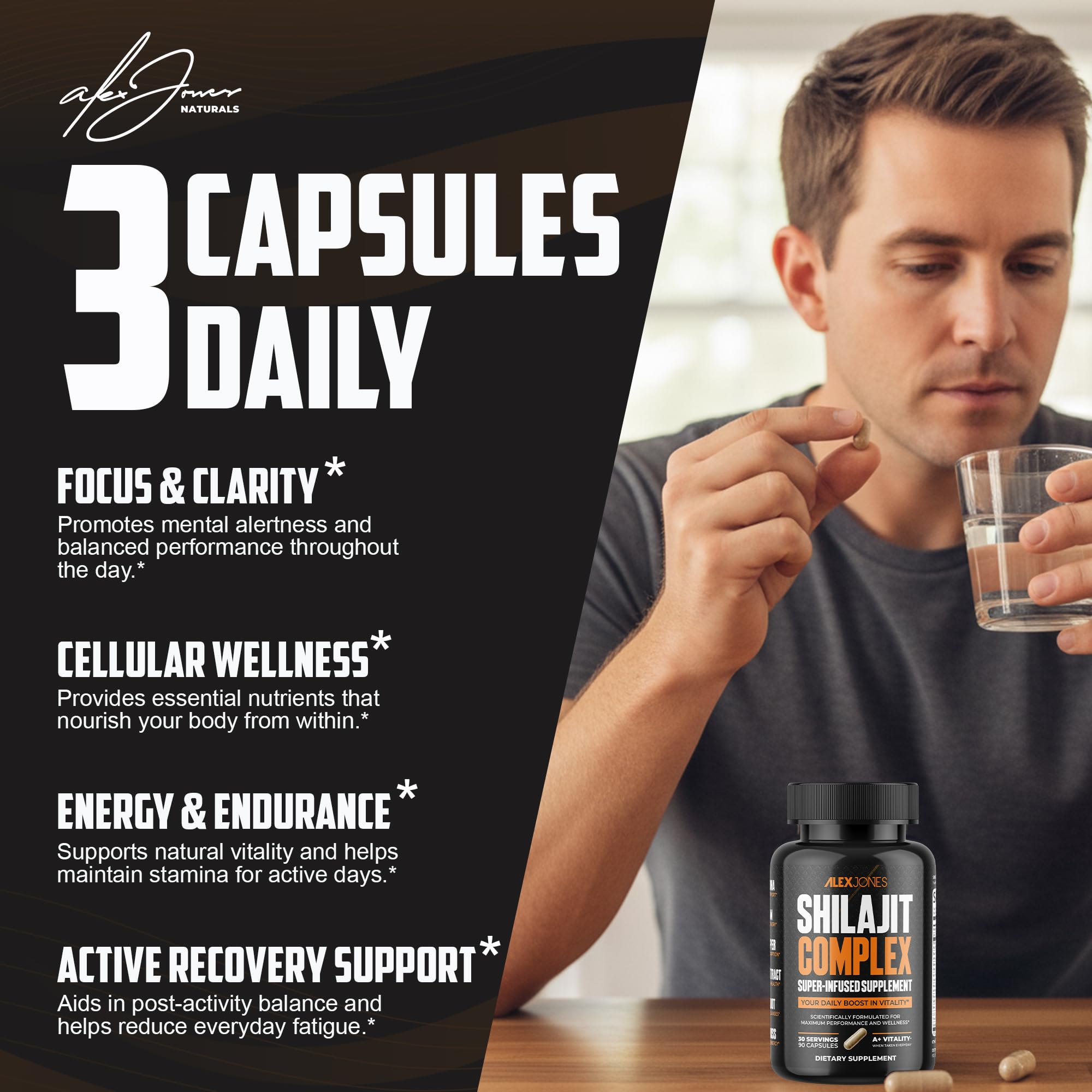 Complejo Shilajit de Alex Jones Naturals en cápsulas para vitalidad.