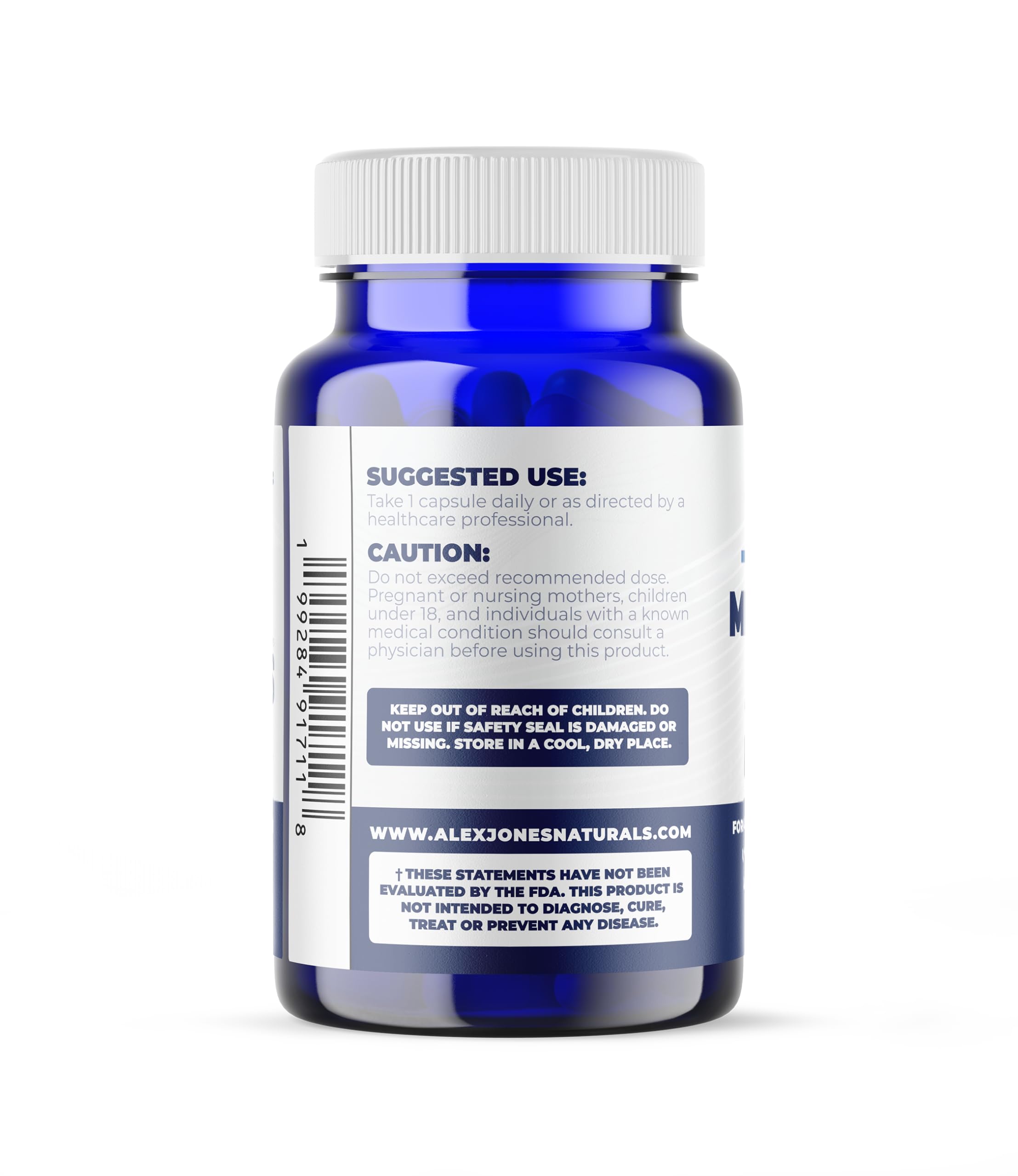 Envase seguro de Alex Jones Naturals para conservar la estabilidad