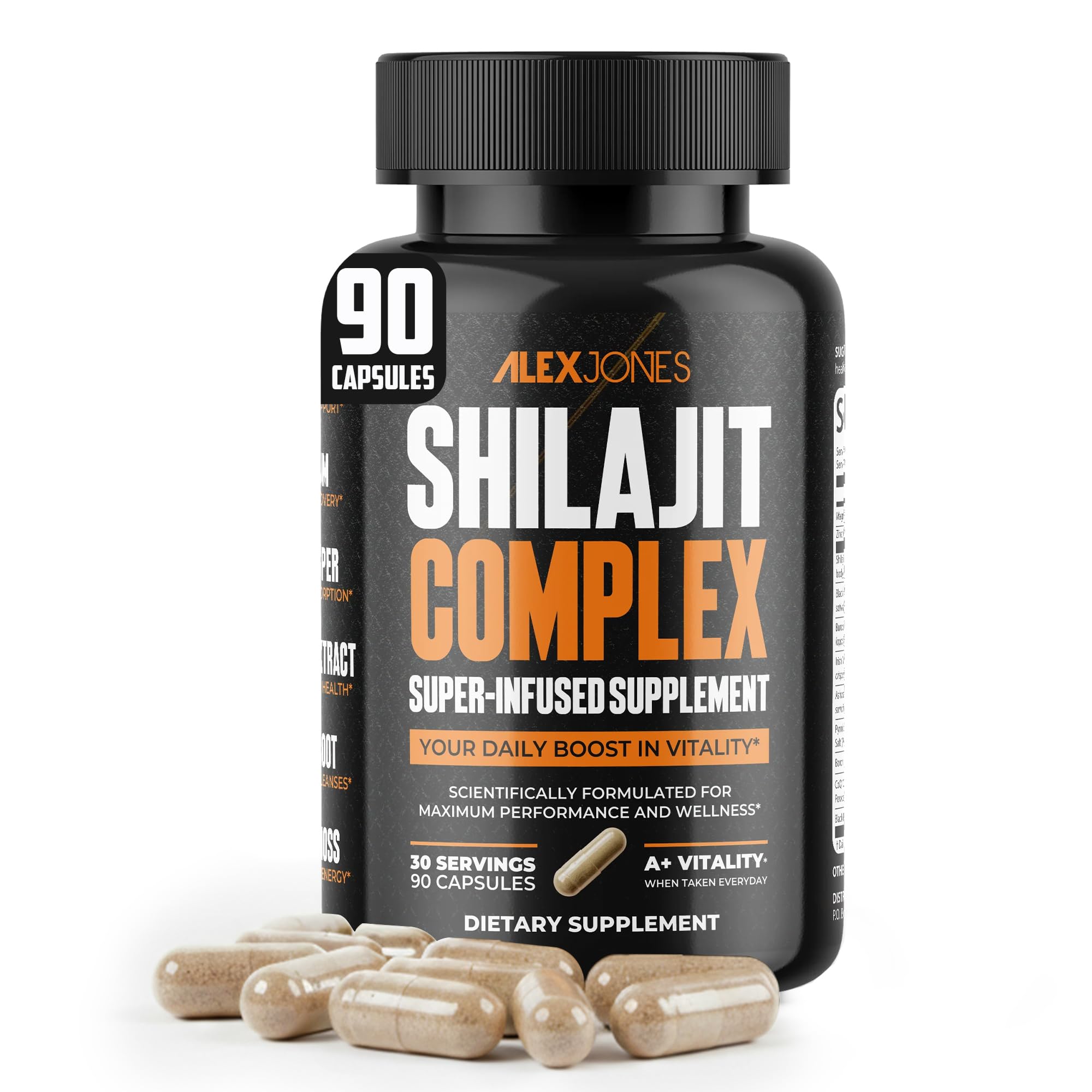 Alex Jones Naturals Máximo Vitalidad Shilajit: cápsulas para energía sostenida y bienestar.