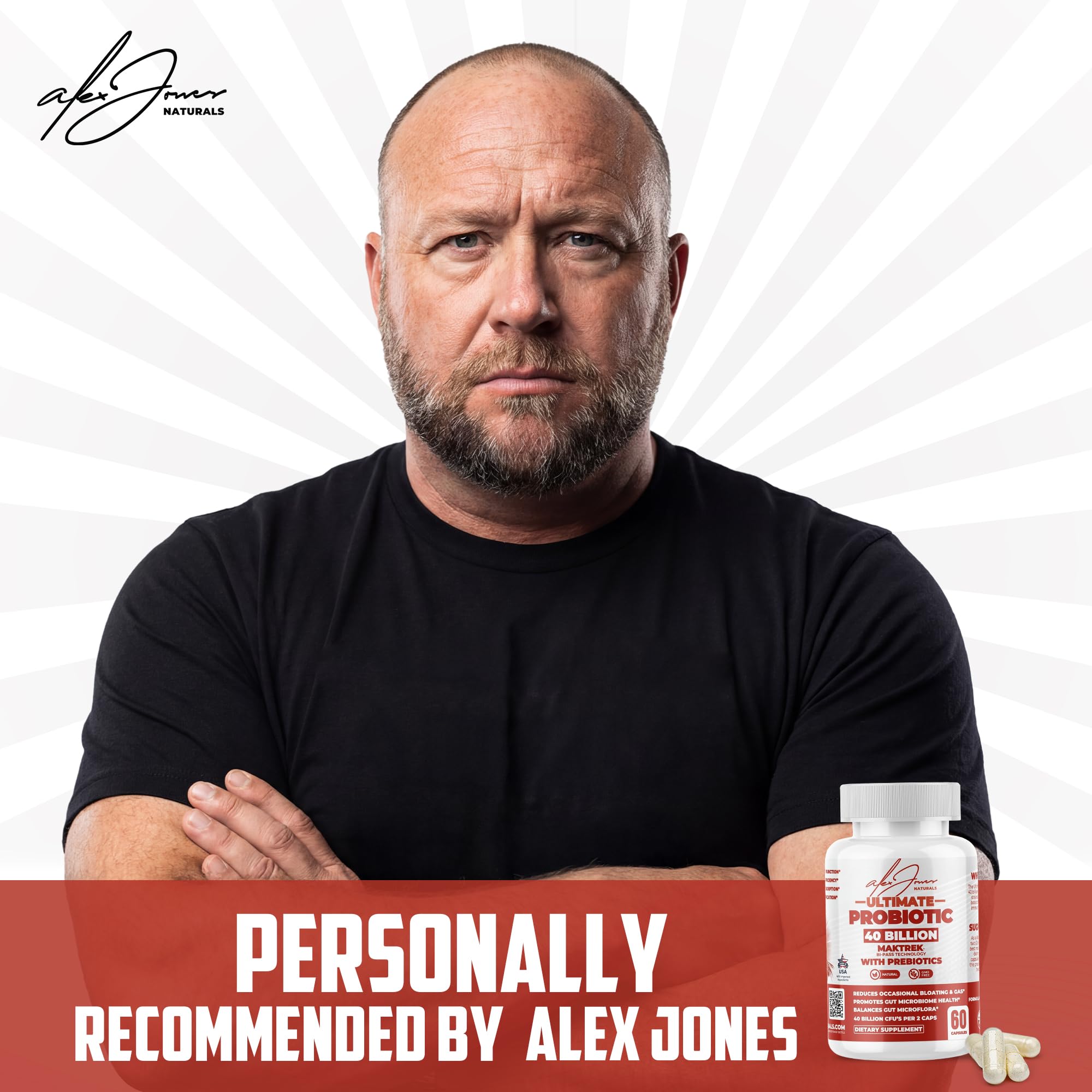 Capsula de Alex Jones Naturals Probiotico 40 mil millones CFU, cápsula individual para soporte intestinal.