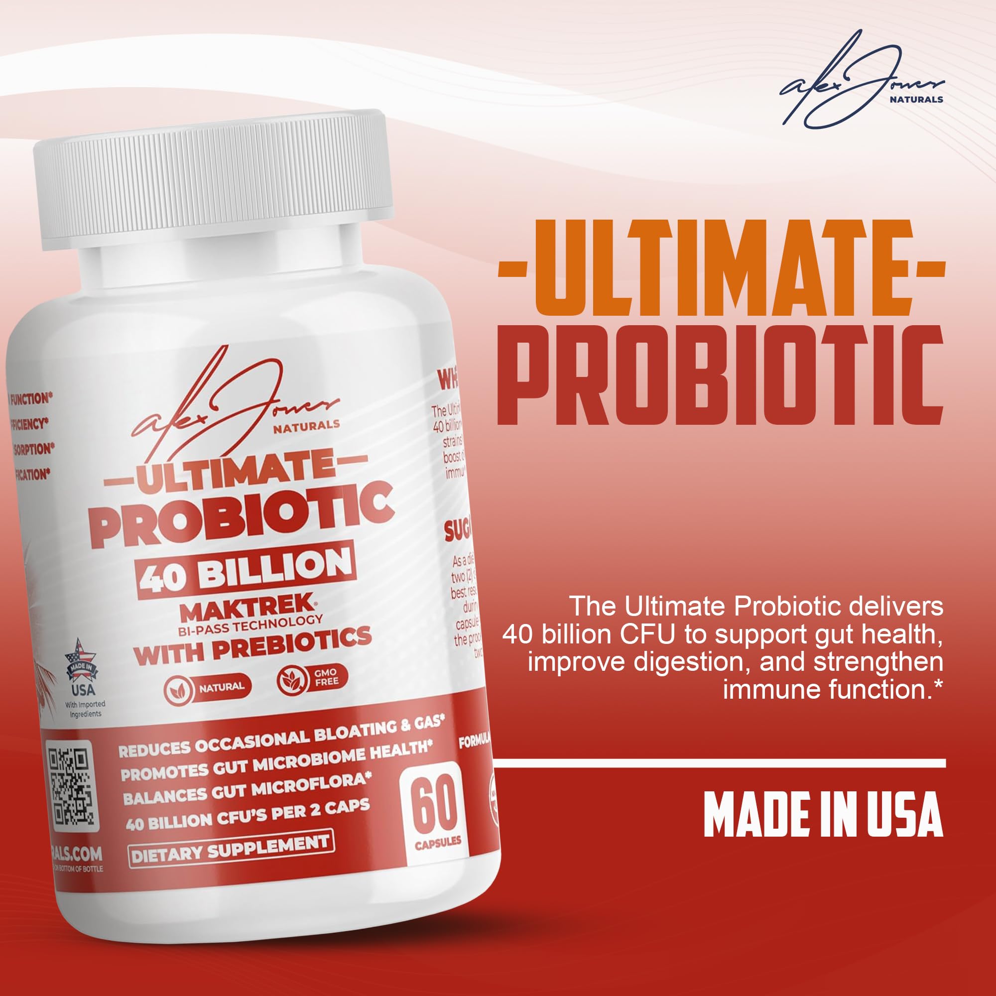 Probiotico Alex Jones Naturals en estante, opción estable para almacenamiento.