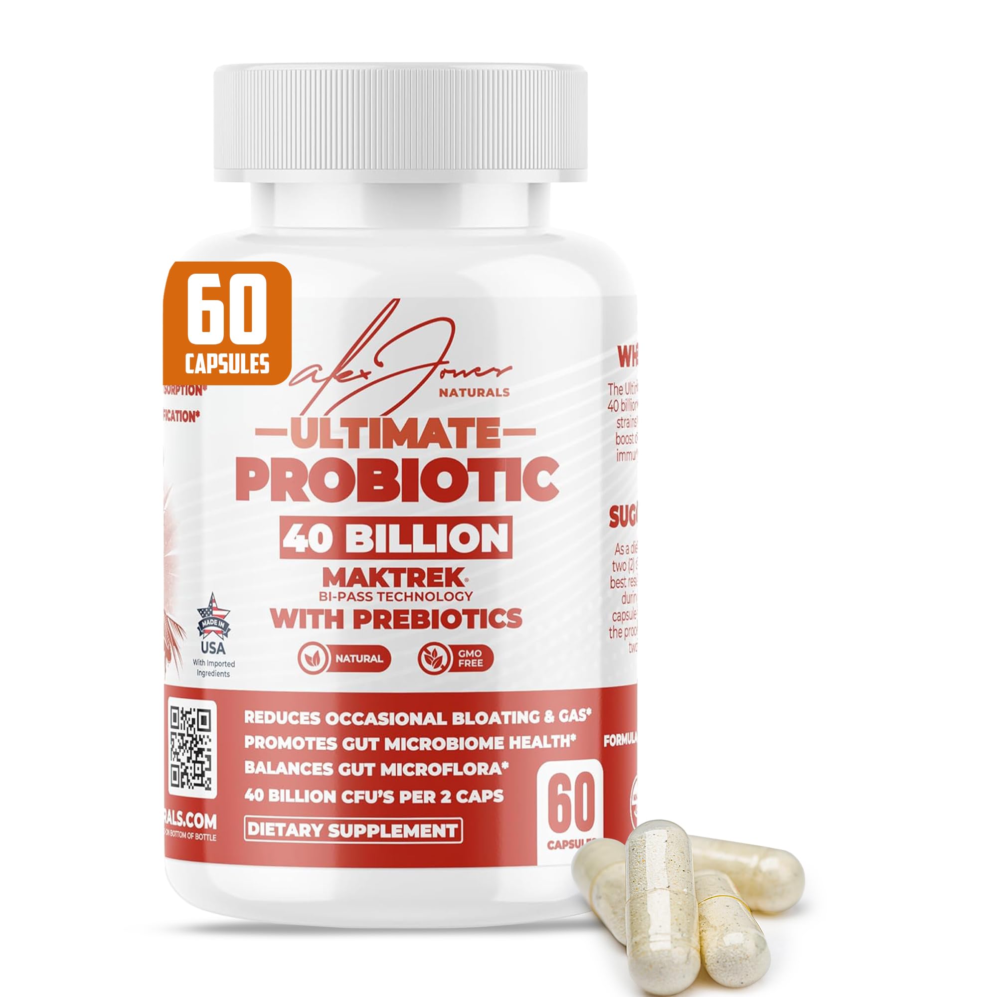 Alex Jones Naturals Probiotico 40 mil millones CFU, frente de botella, promueve equilibrio digestivo.