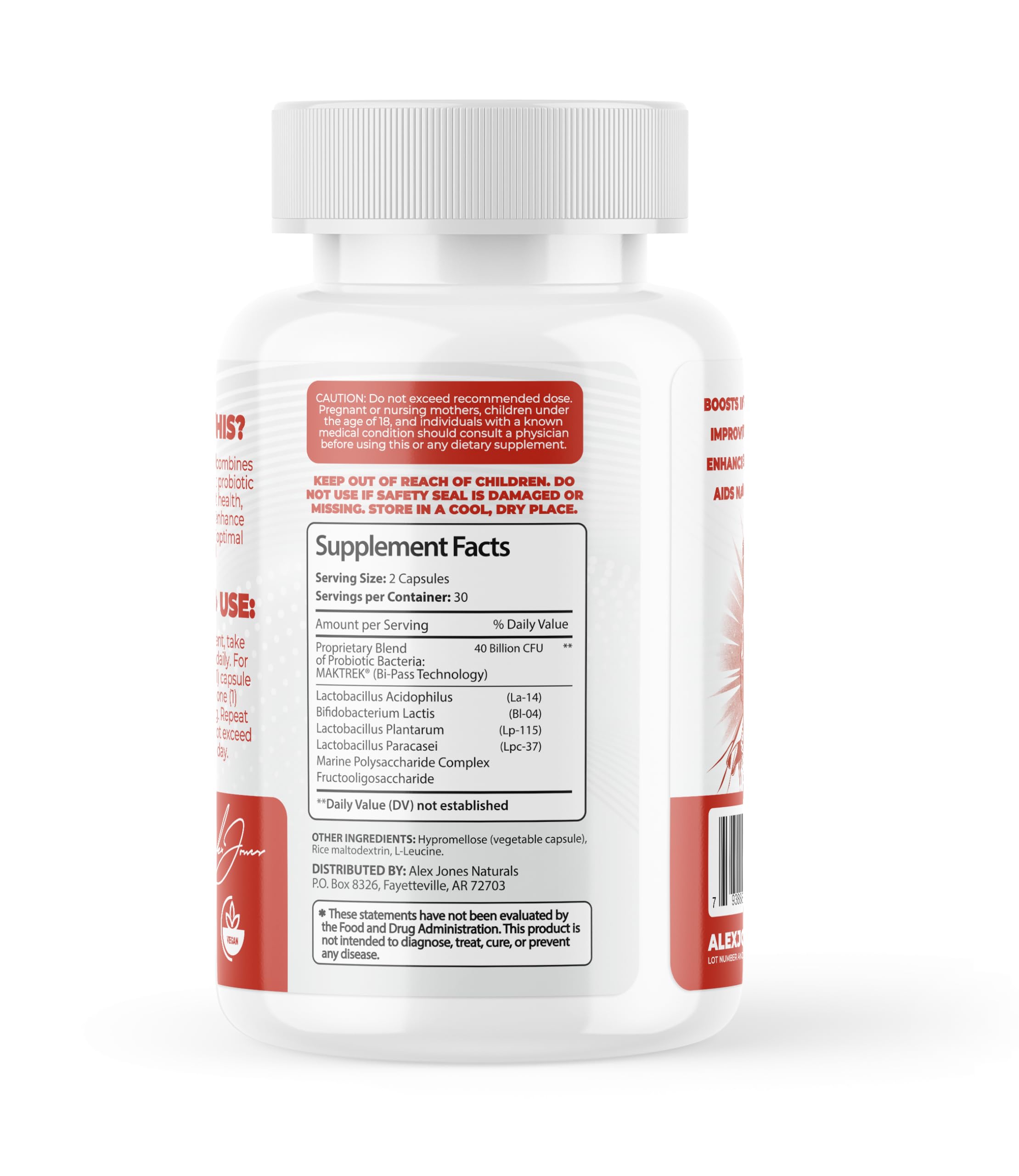 Uso diario recomendado para apoyar bienestar general con Alex Jones Naturals Probiotico.