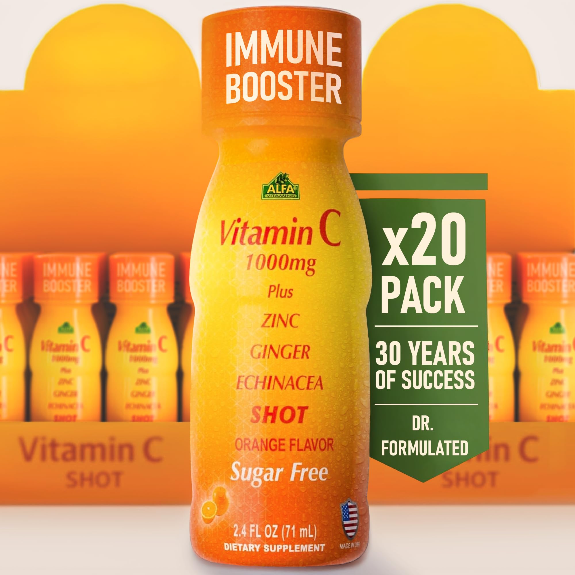 ALFA VITAMINS Vitamin C Shot botella frontal, refuerzo diario para defensas naturales