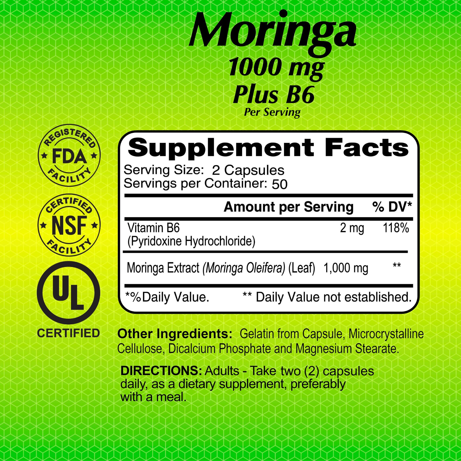ALFA VITAMINS Moringa con B6, antioxidantes quercetina para apoyar defensa natural