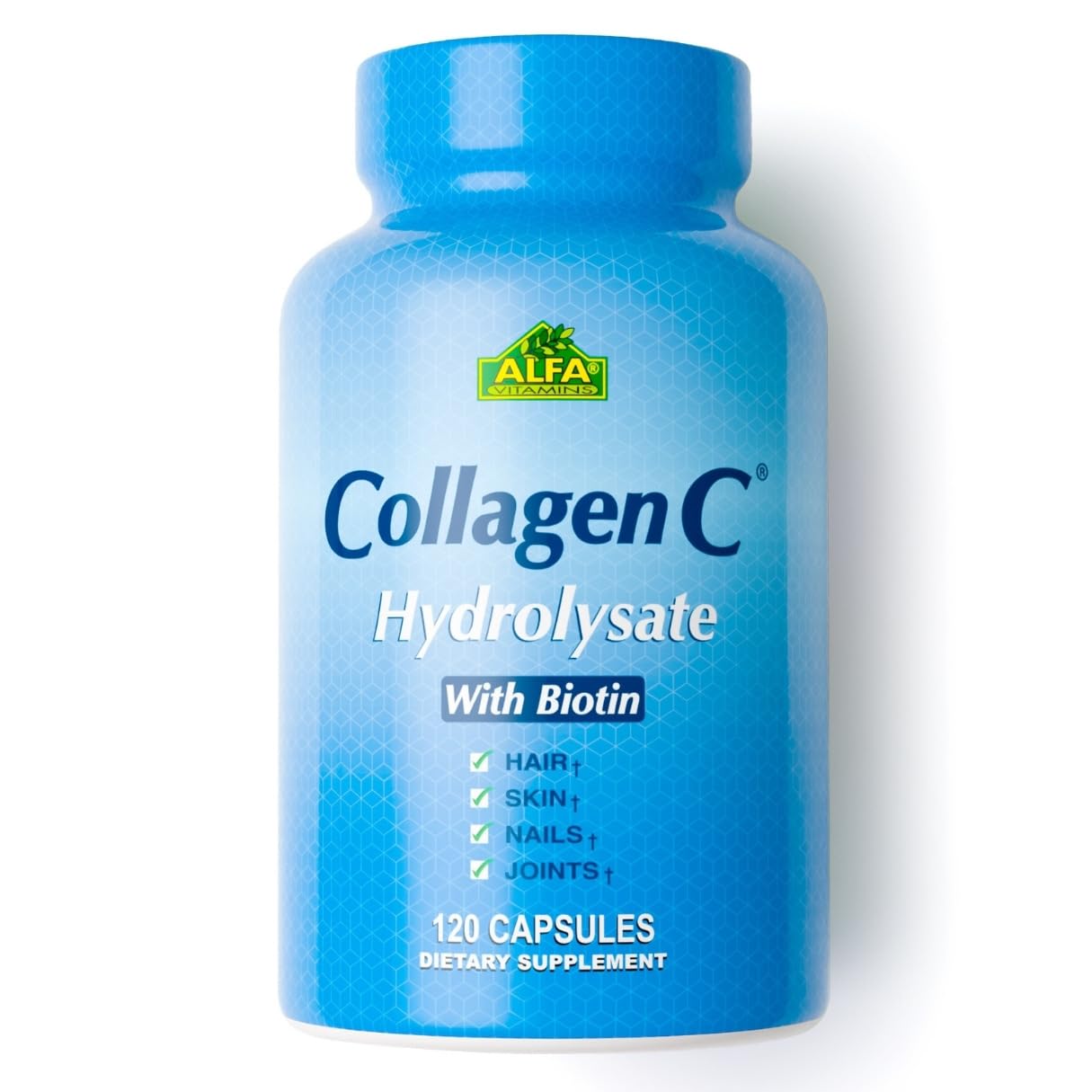 ALFA VITAMINS Premium Colágeno Hidrolizado cápsulas en botella, apoyo a piel radiante y cabello fortalecido.