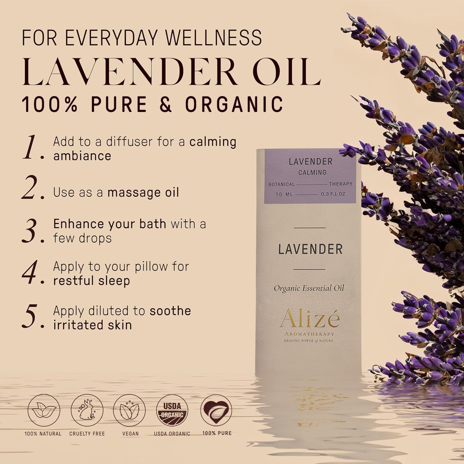 Botella oscura de Alizé Aromatherapy protege el aceite de lavanda.