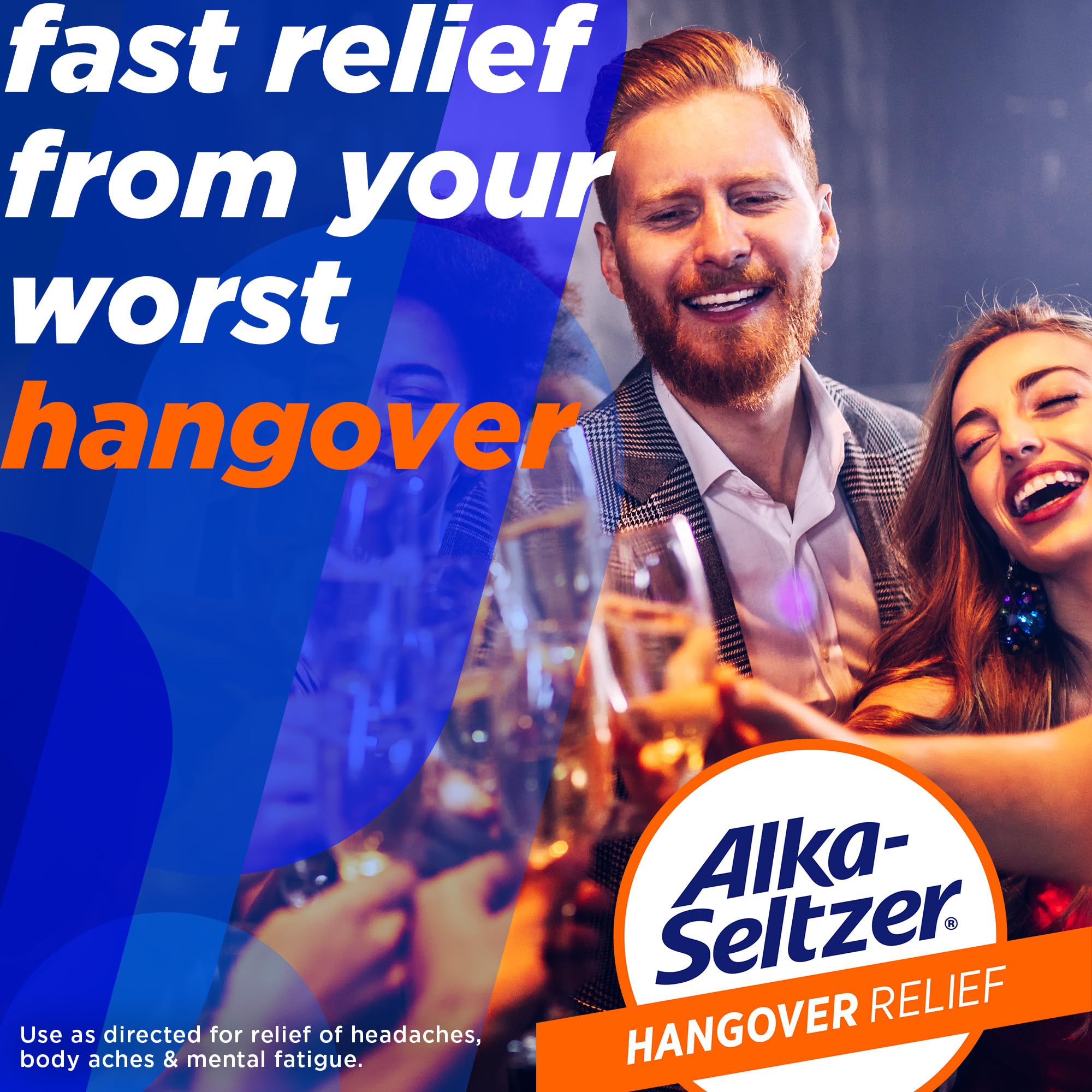Burbujeante solución de Alka-Seltzer naranja para alivio rápido tras consumo.
