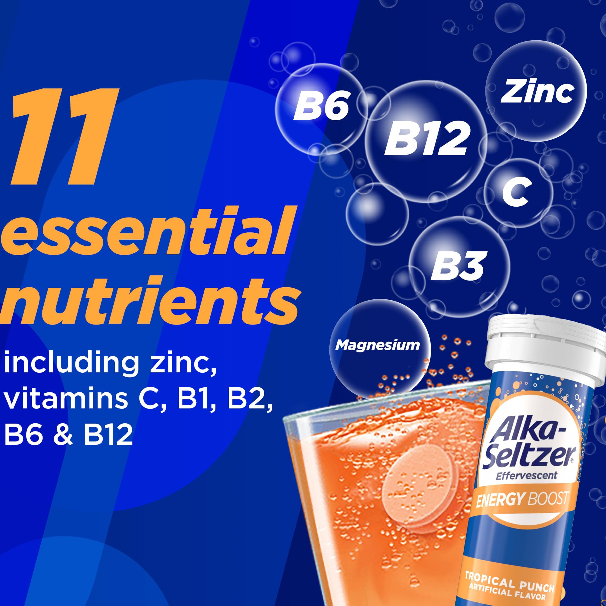 Alka-Seltzer Energía Potenciadora: etiqueta sin azúcar para consumo diario.