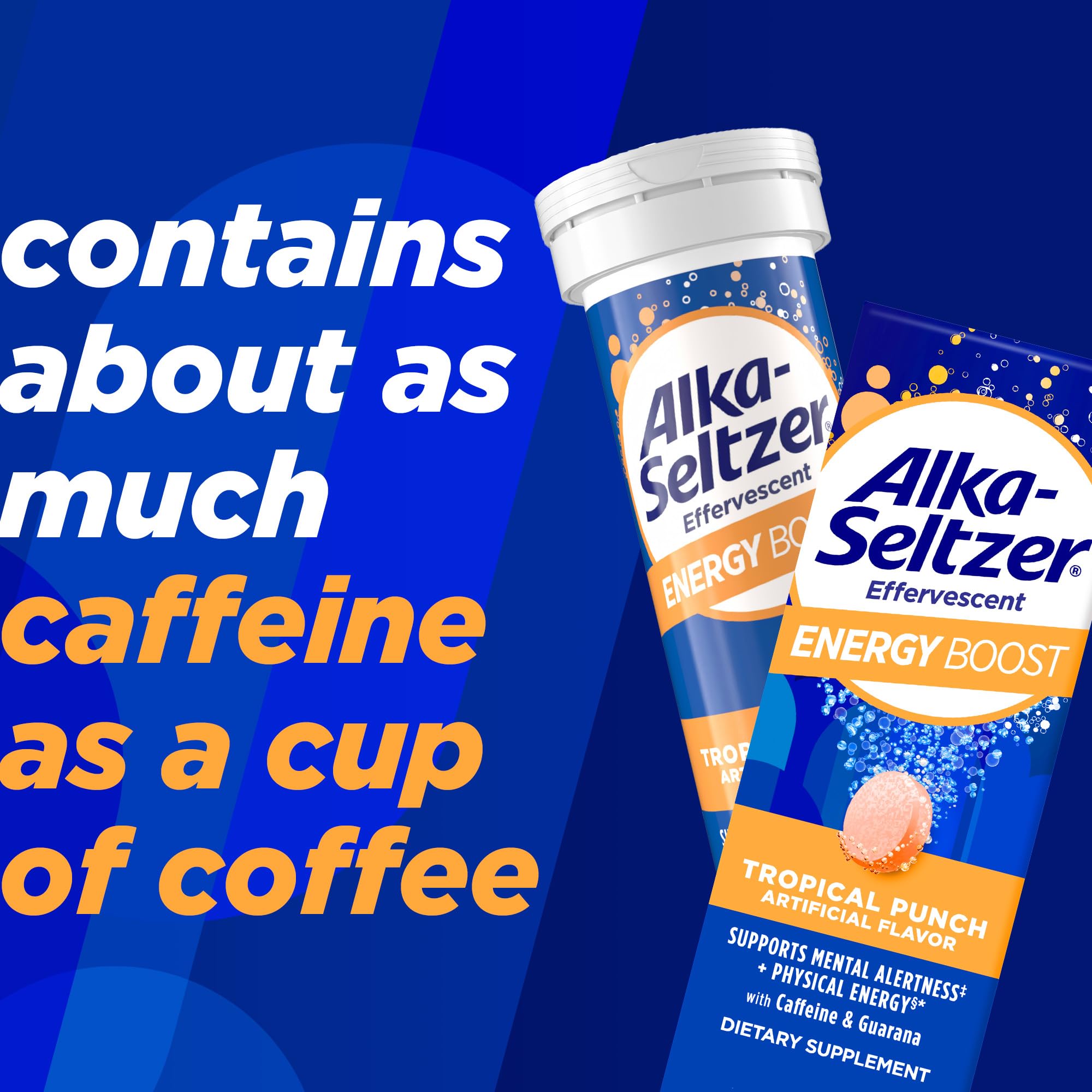 Alka-Seltzer Energía Potenciadora: sabor tropical ligero para beber sin azúcar.
