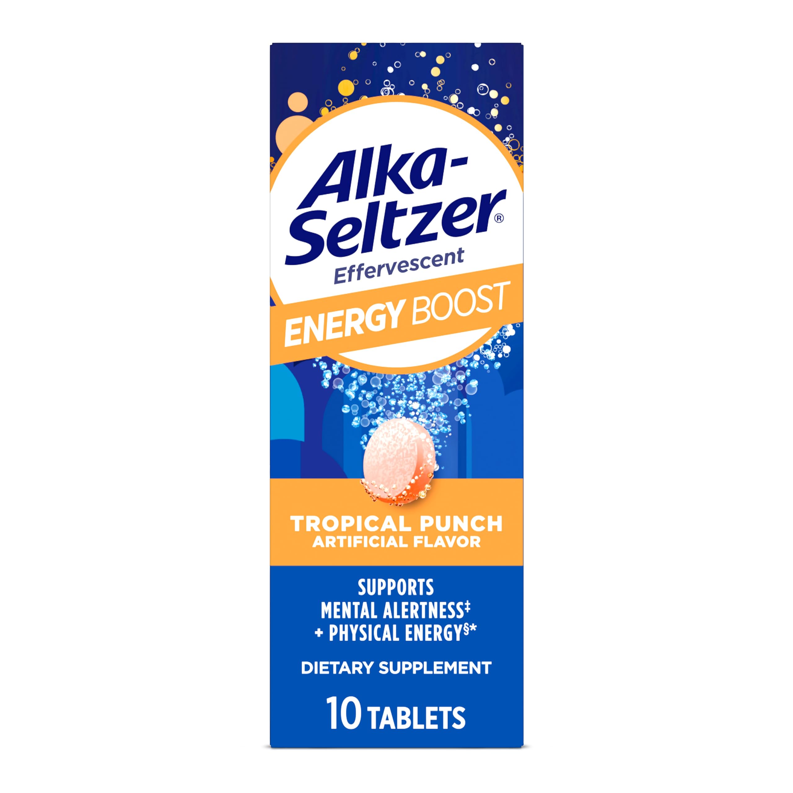 Alka-Seltzer Energía Potenciadora: tableta disolviéndose en agua para energía rápida.