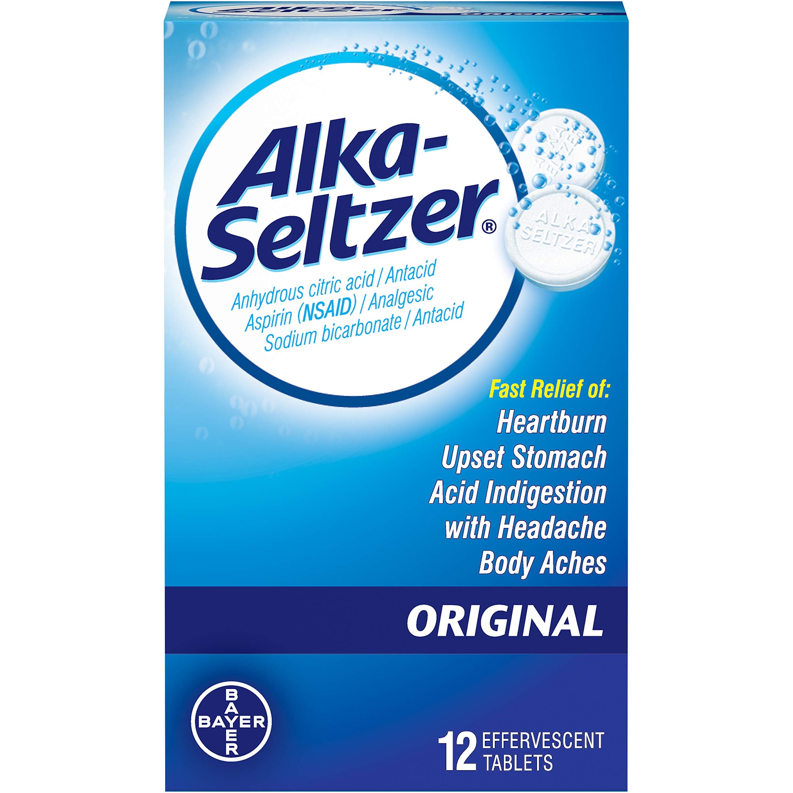 Alka-Seltzer Original en empaque de 12 tabletas para uso práctico.