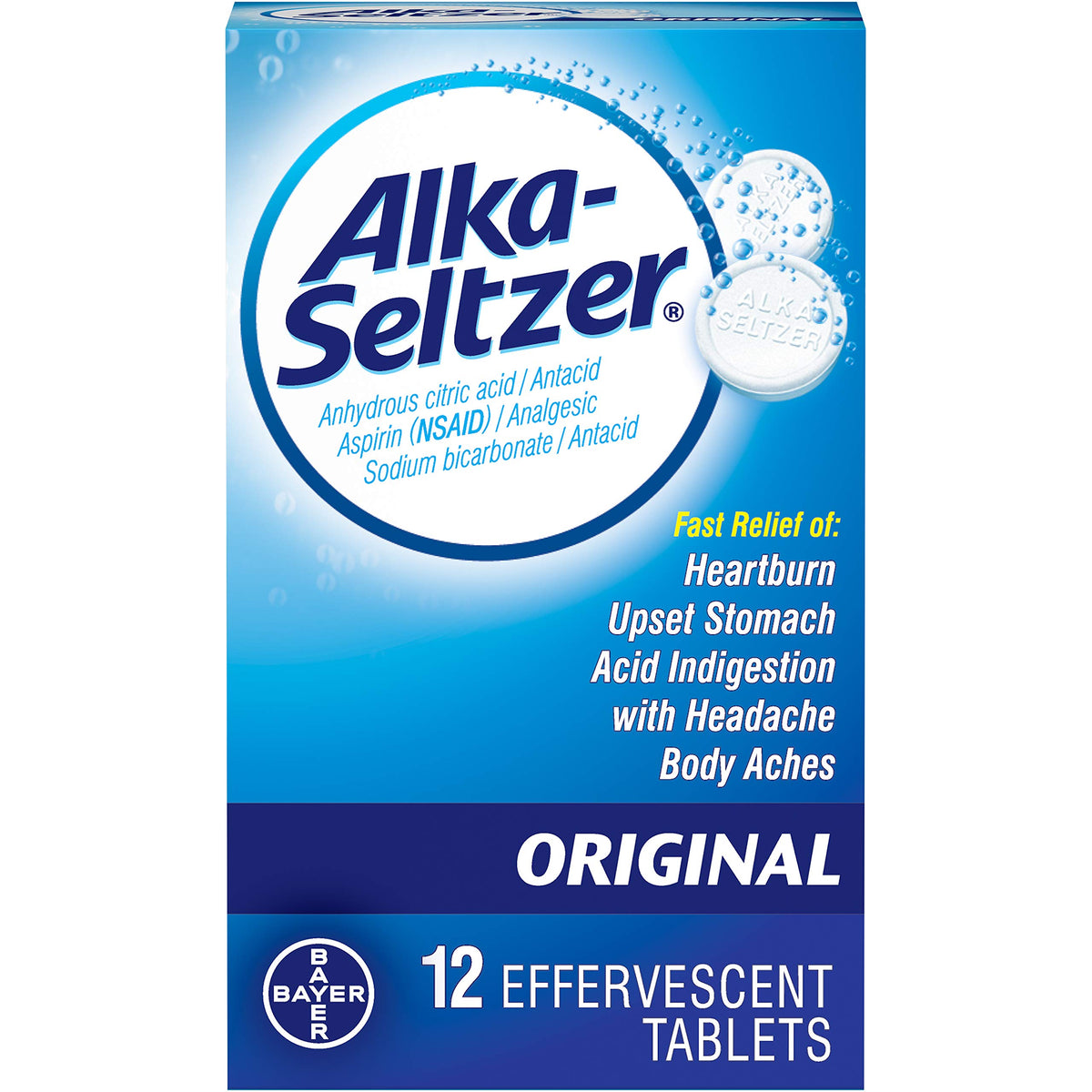 Alka-Seltzer Original tabletas efervescentes para alivio rápido de molestias.