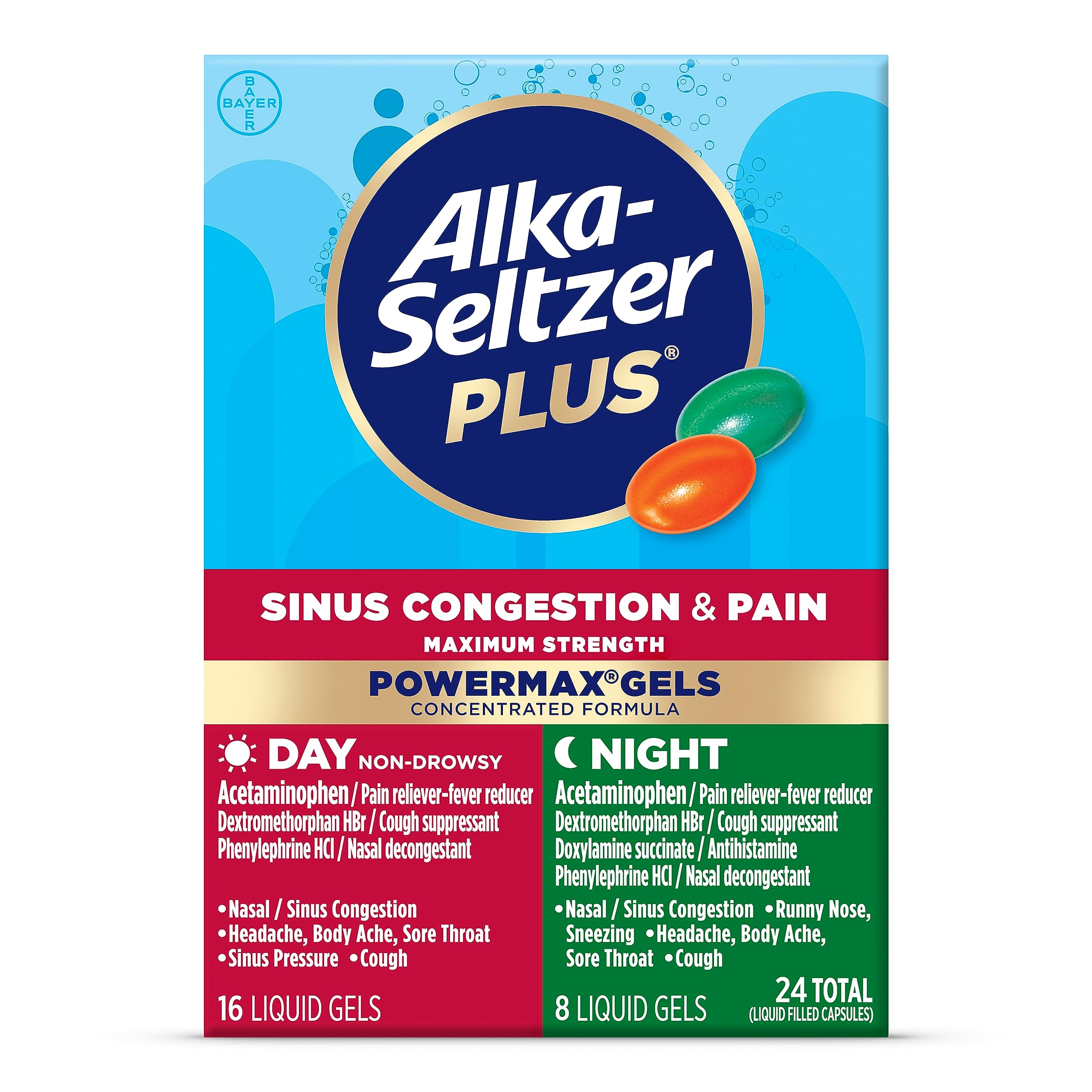 ALKA-SELTZER PLUS: geles día para alivio rápido de fiebre y congestión.