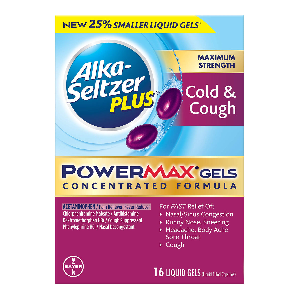 Alka-Seltzer Plus PowerMax gel líquido en caja, alivio temporal de dolor.