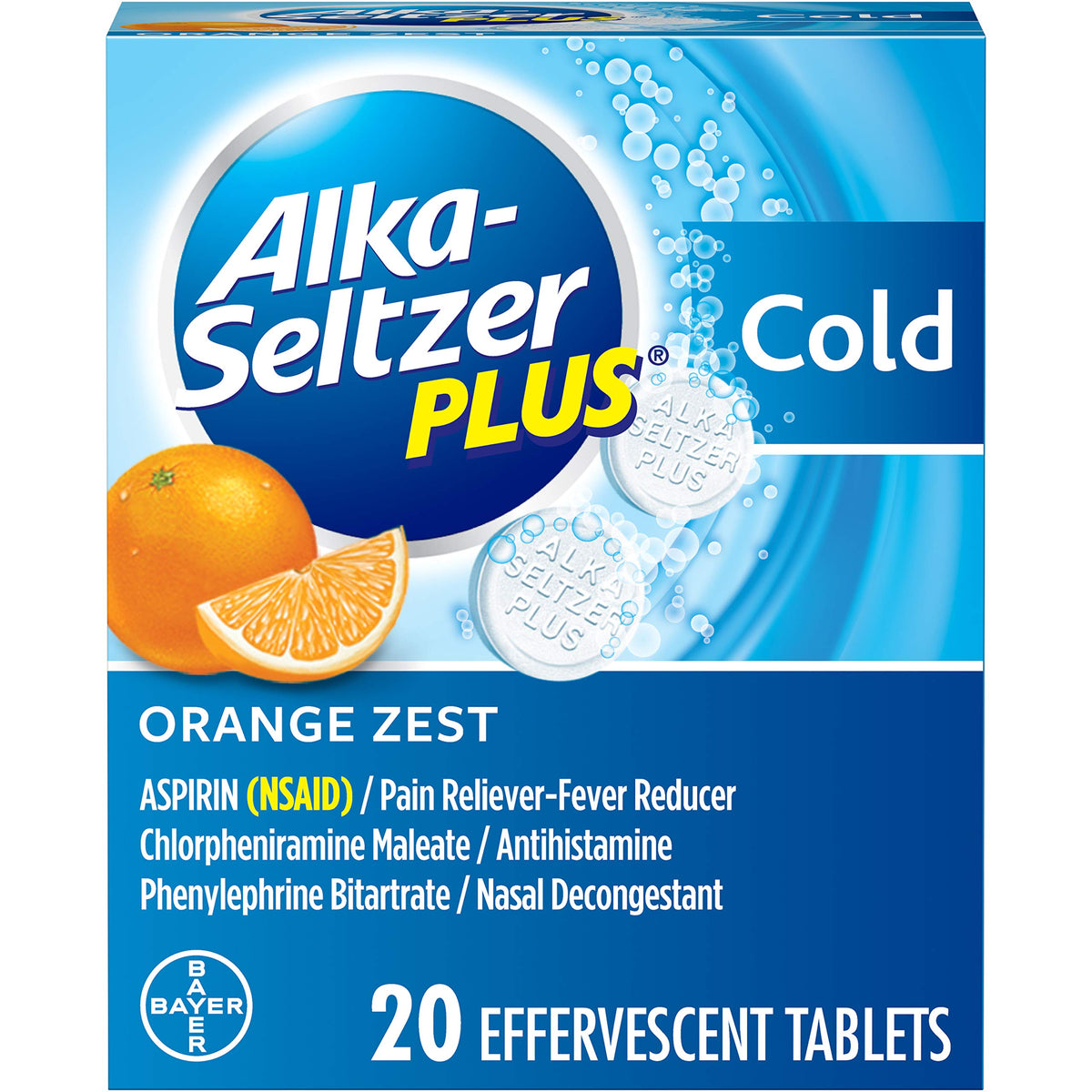 Alka-Seltzer Plus Naranja Zeste: tabletas efervescentes para alivio rápido.
