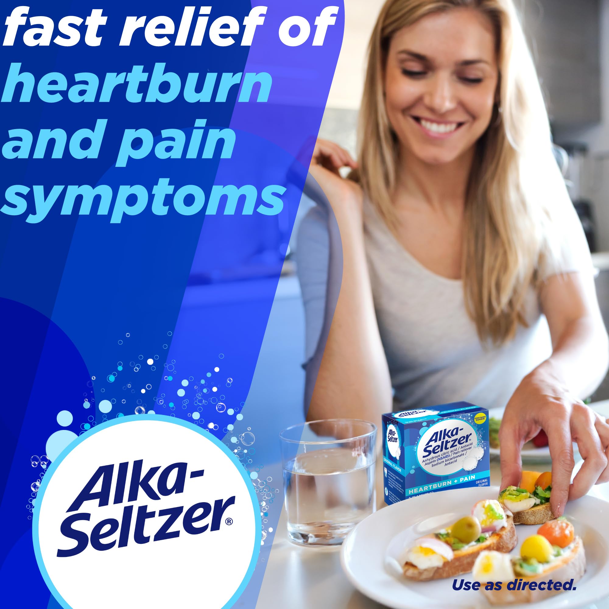 Alka-Seltzer tabletas se disuelven en agua para alivio rápido del dolor y la acidez.