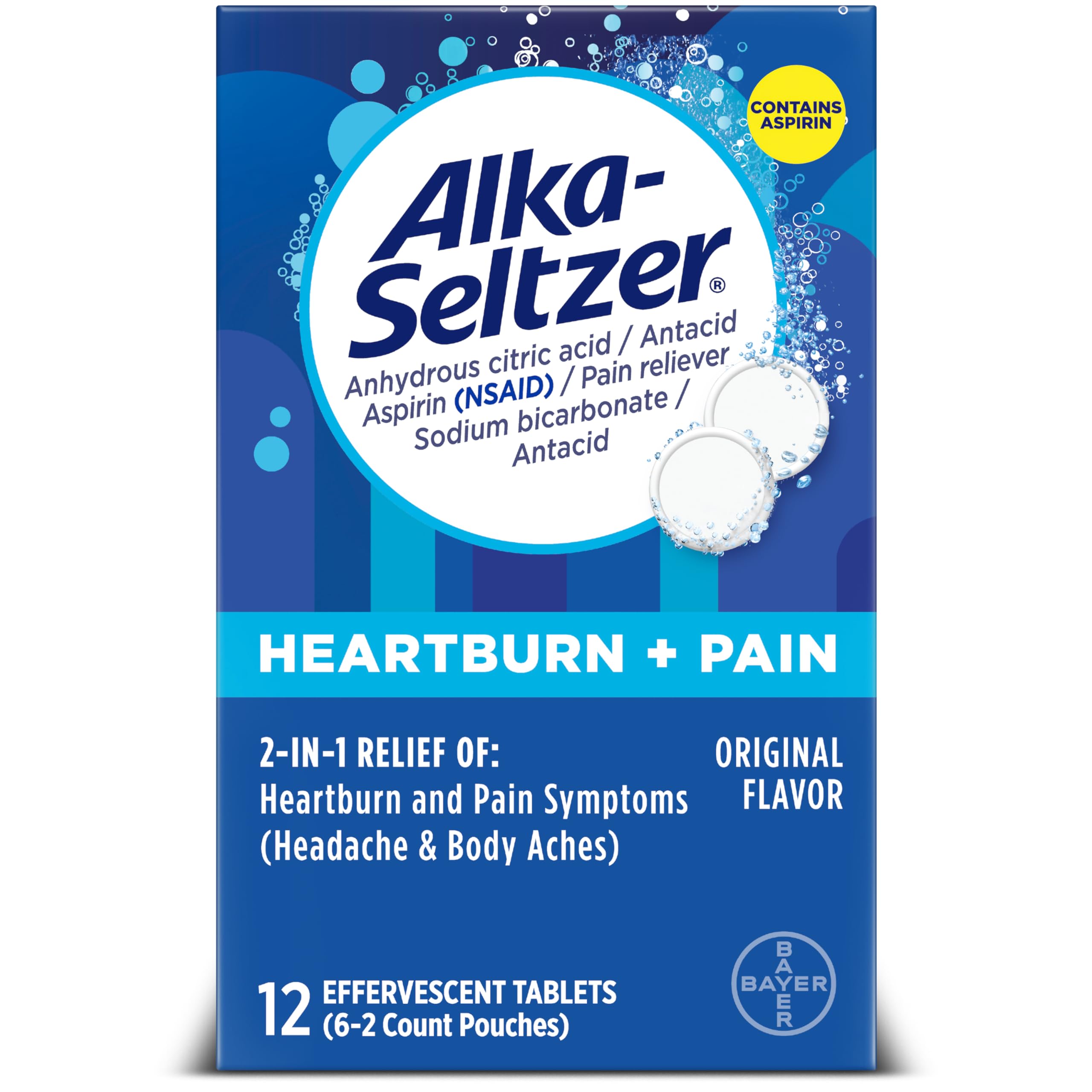 Alka-Seltzer tableta efervescente se disuelve en agua para alivio rápido de la acidez.