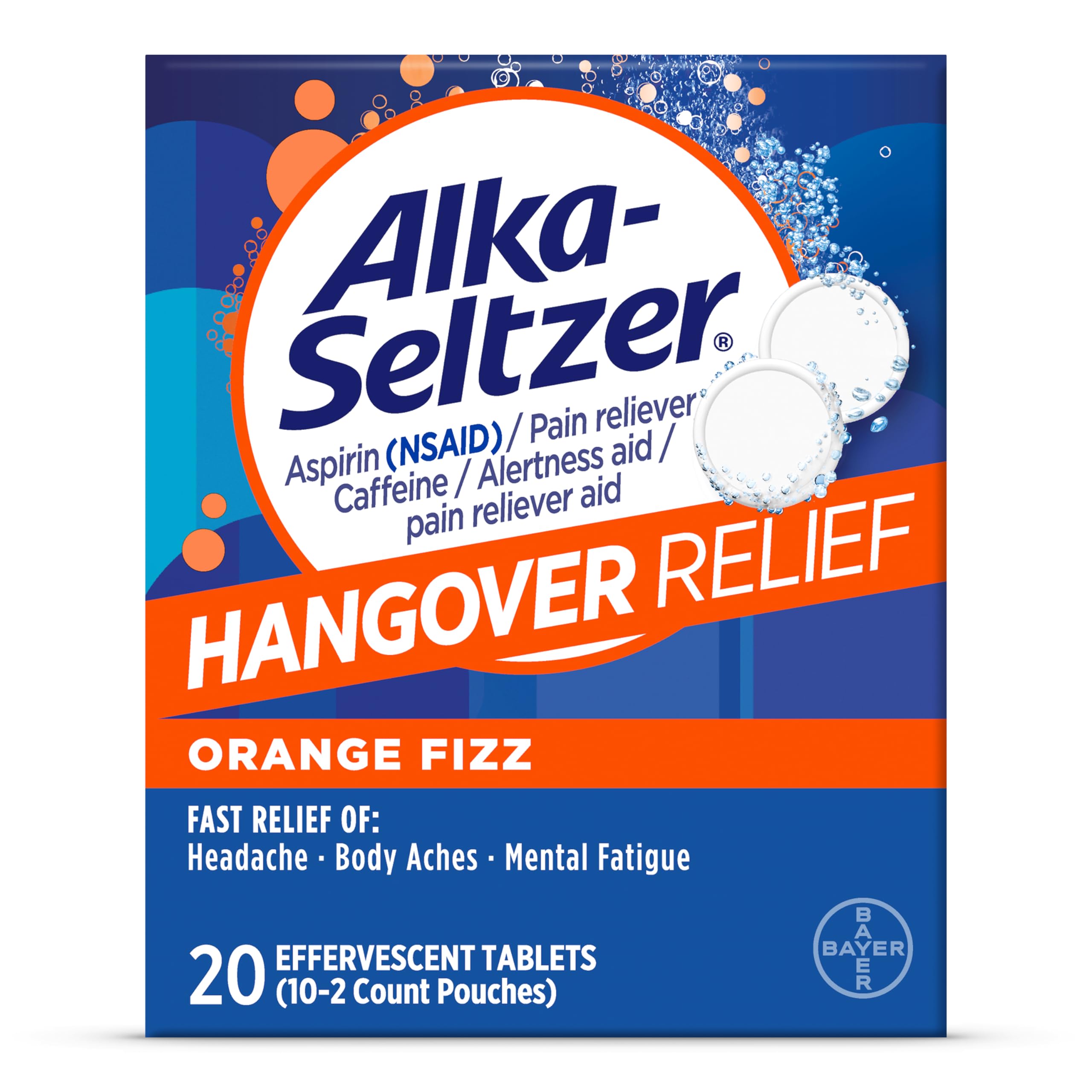 Alka-Seltzer tableta resaca burbujeando con sabor naranja para alivio rápido.