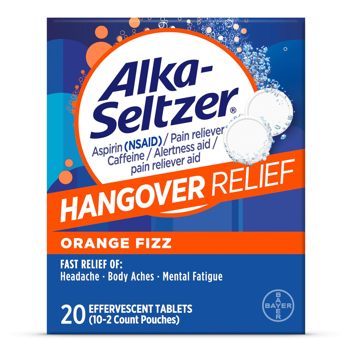 Alka-Seltzer tableta resaca burbujeando con sabor naranja para alivio rápido.