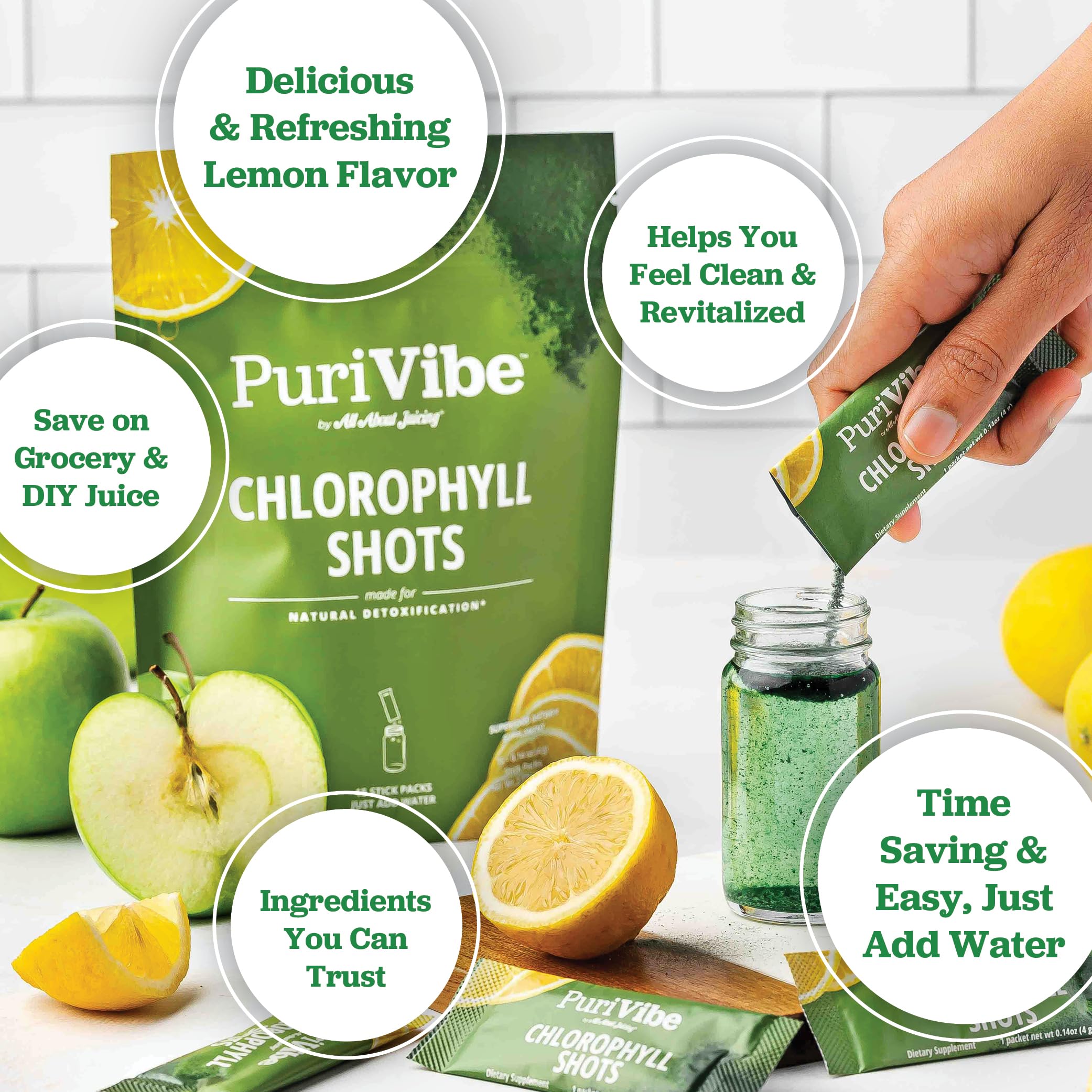 All About Juicing Chlorophyll Shot: ingredientes clave de clorofila, manzana y limón.