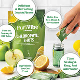 All About Juicing Chlorophyll Shot: ingredientes clave de clorofila, manzana y limón.