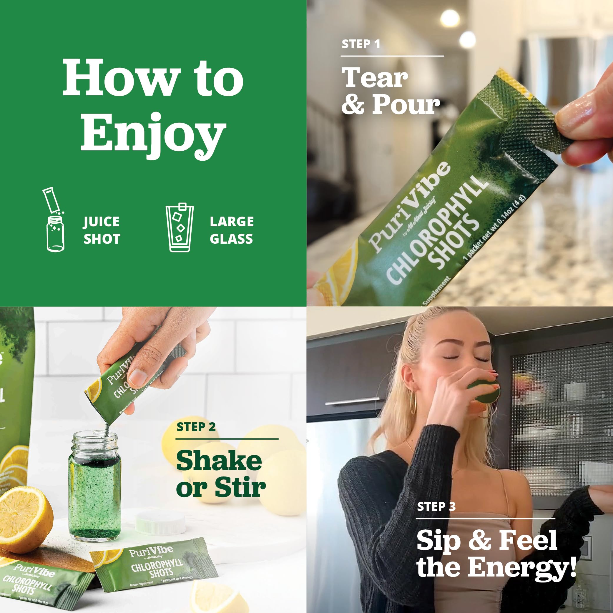 All About Juicing Chlorophyll Shot: mezclar en vaso con agua para refresco saludable.