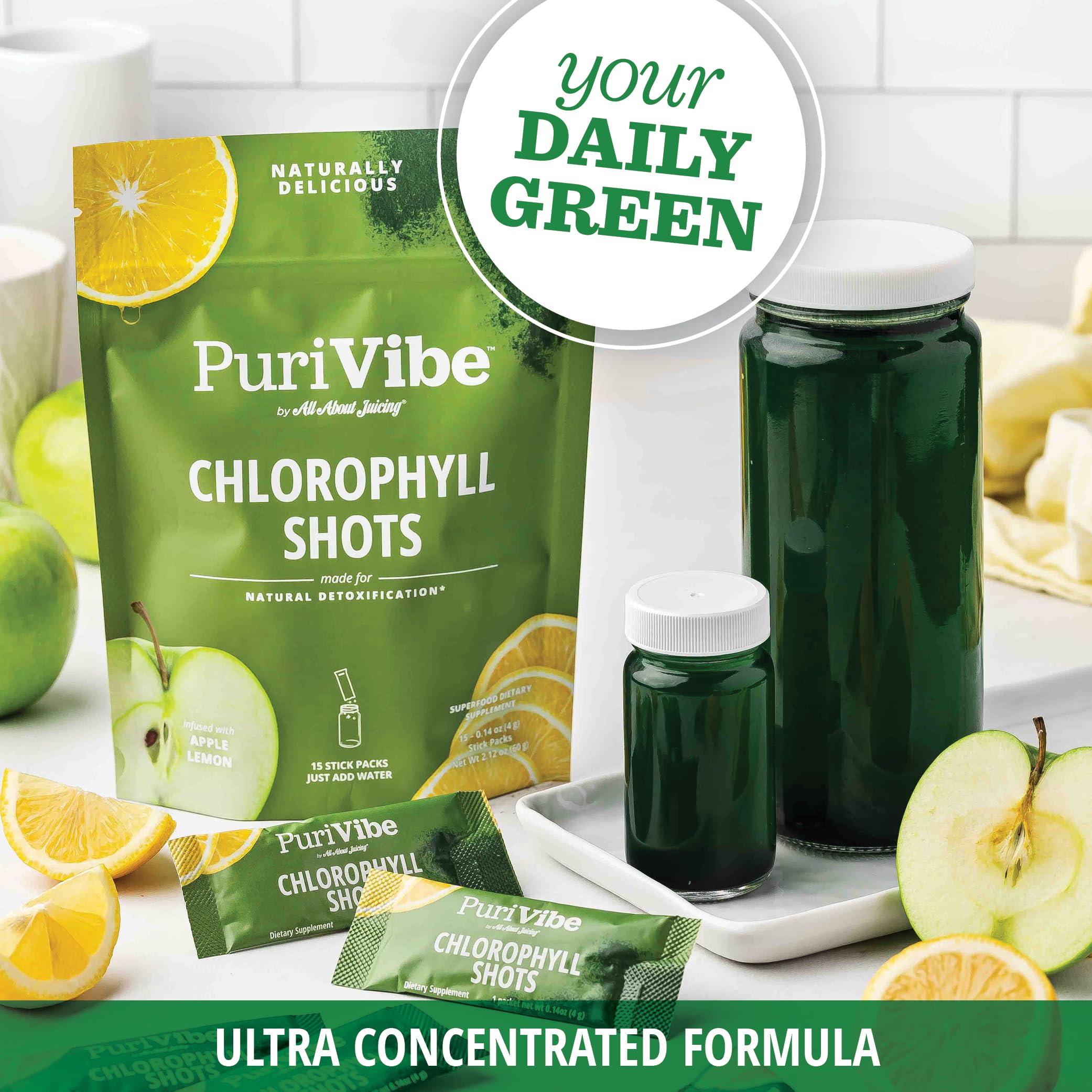 All About Juicing Chlorophyll Shot: monodosis listas para viaje, sin derrames.