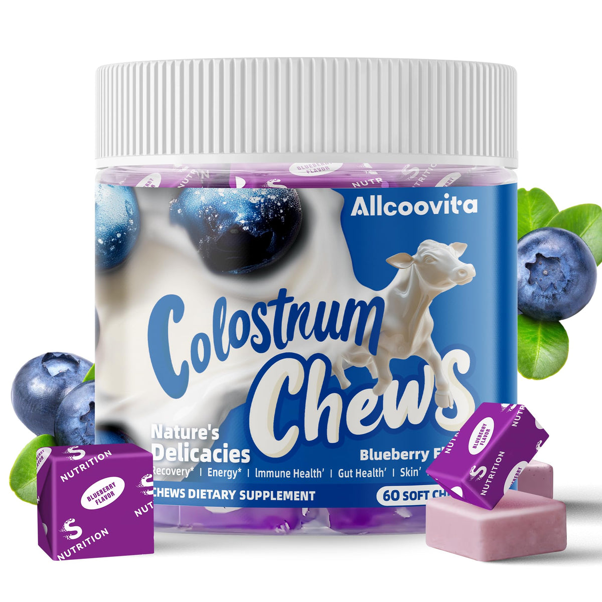 Allcoovita Colostrum Chews tarro, sabor arándano, posible apoyo general diario.