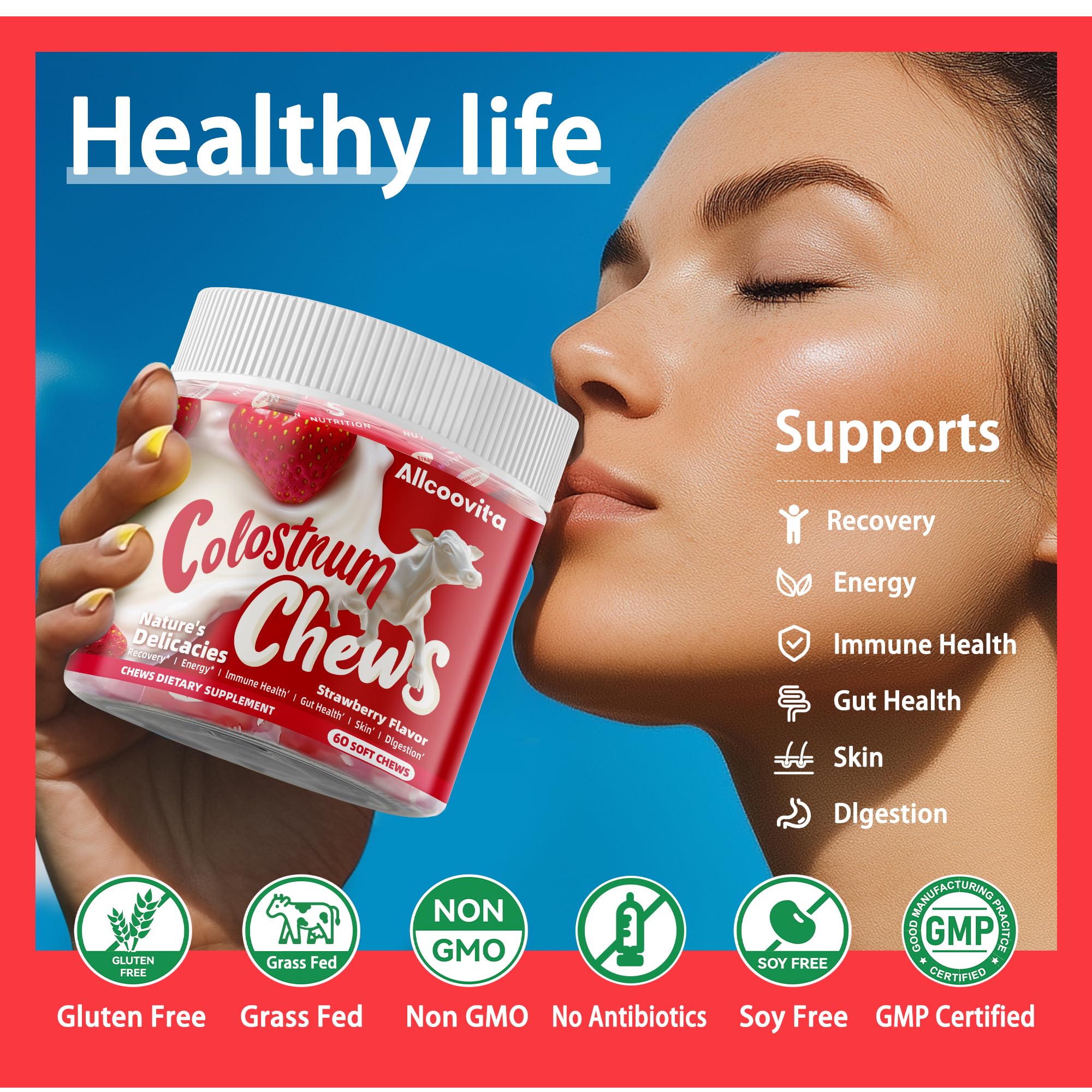 Allcoovita Colostrum Chews uso diario, sabor frambuesa y complemento alimenticio.