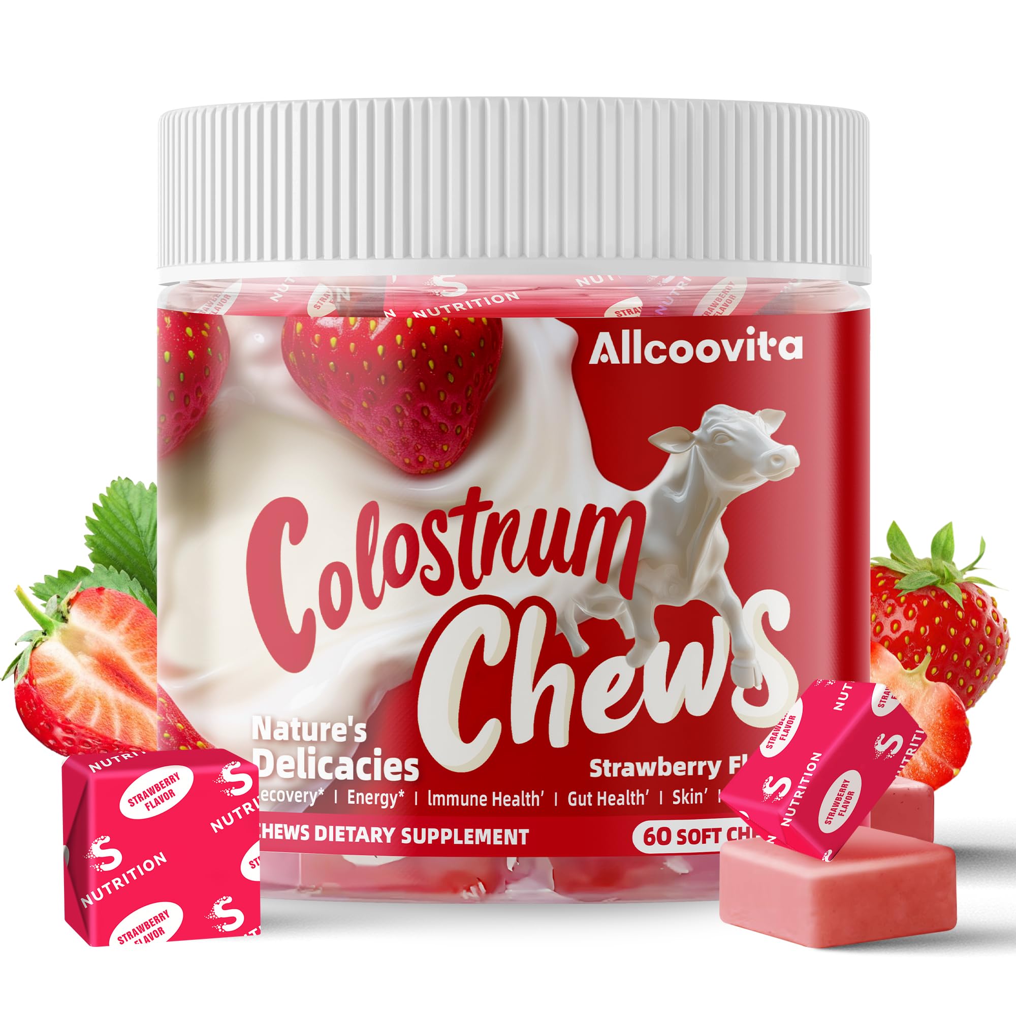 Allcoovita Colostrum Chews frambuesa en empaque, apoyo al bienestar diario.