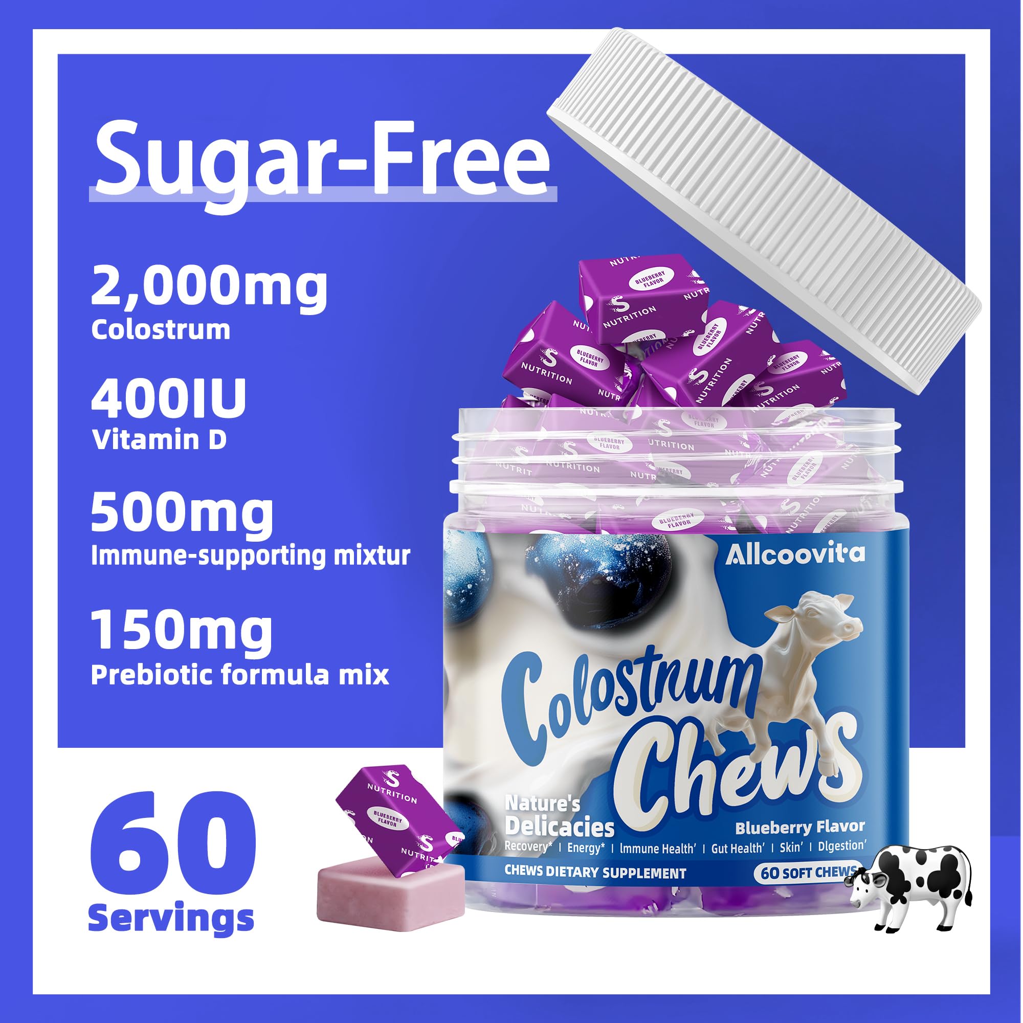 Ingredientes clave de Allcoovita Colostrum Chews para transparencia.