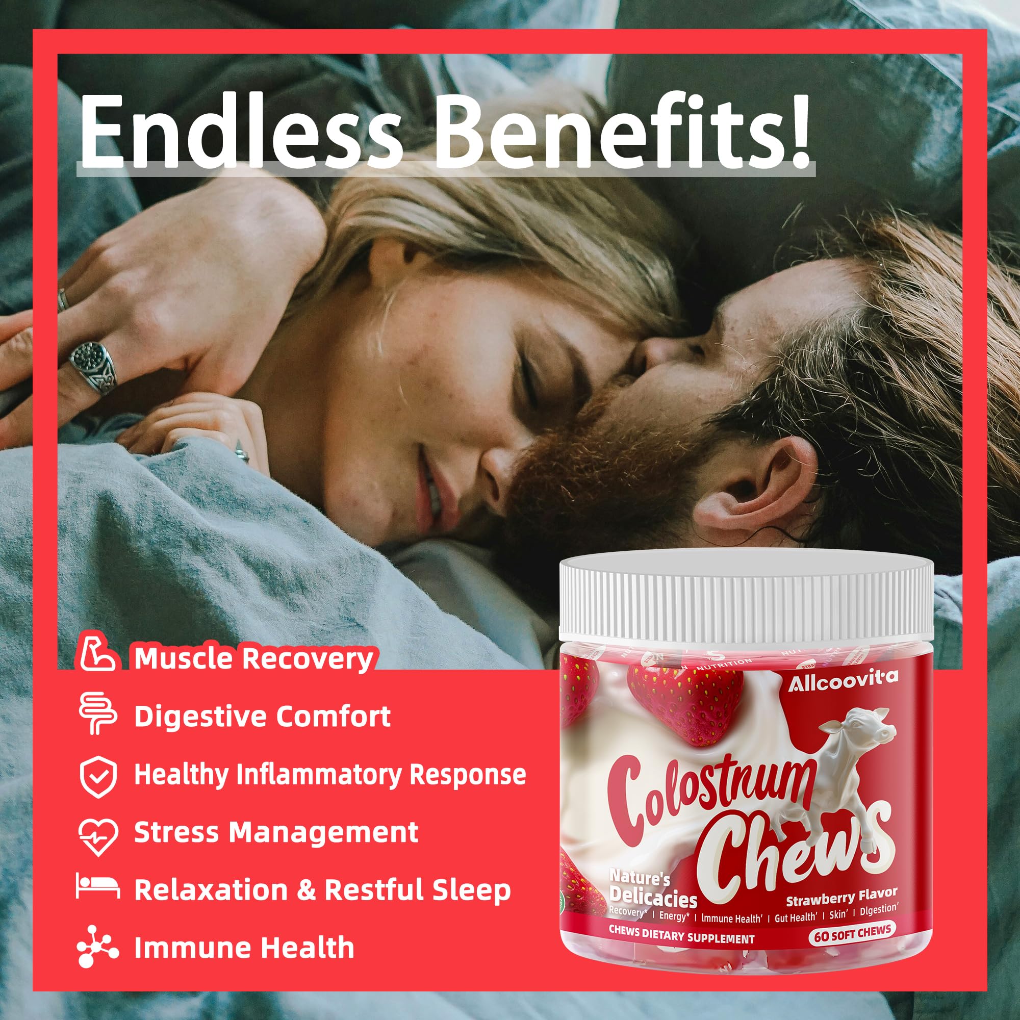 Allcoovita Colostrum Chews sin gluten, apto para dietas sensibles.