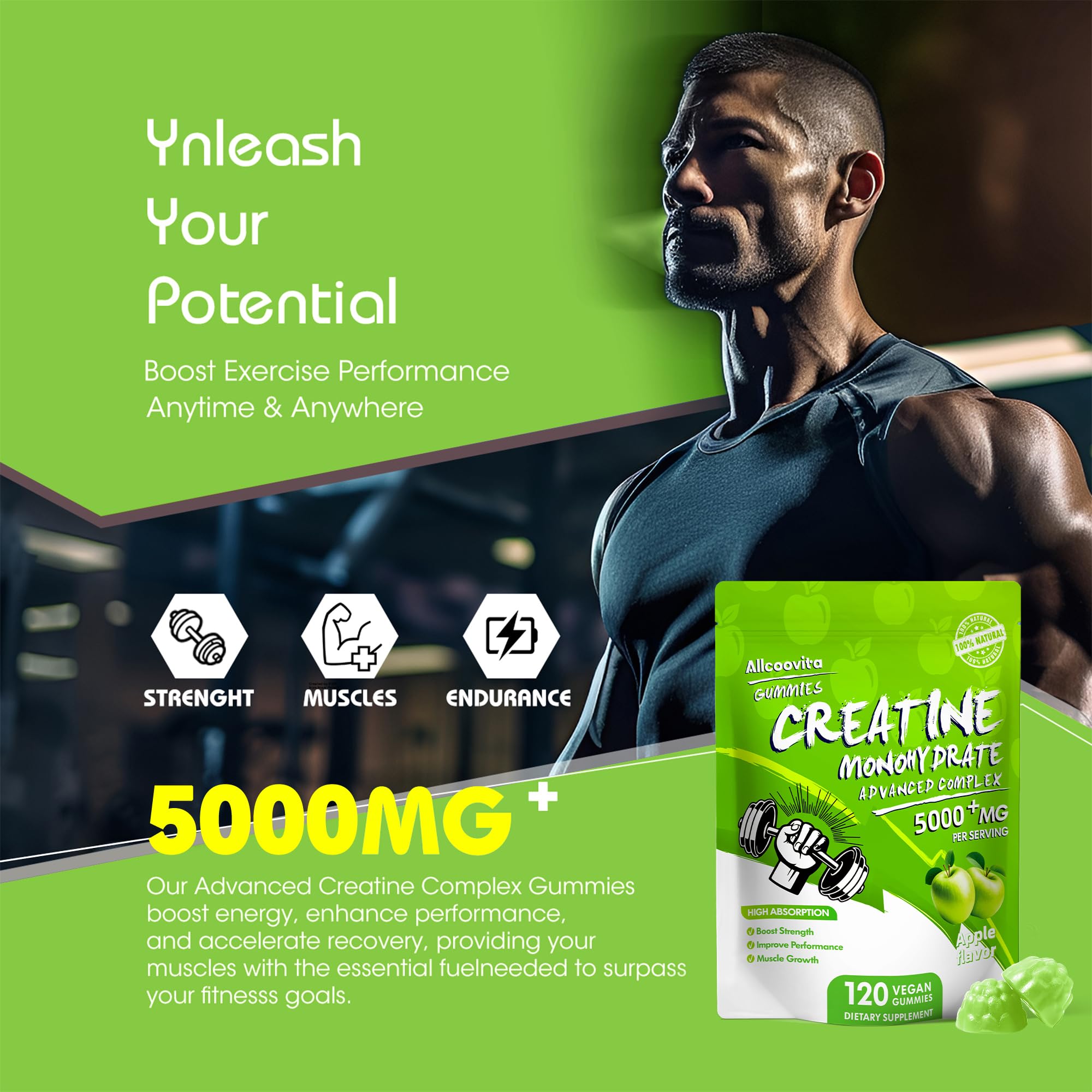 Allcoovita creatina gomita dosis 5 g por porción para rendimiento