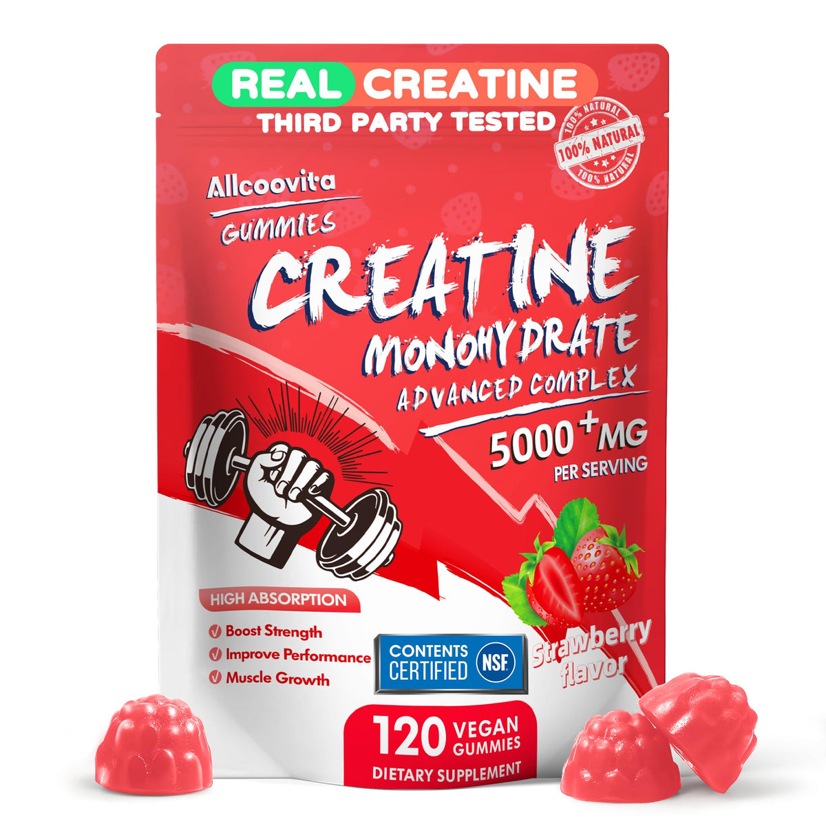 Allcoovita Creatina Gomitas frente: gomita de 5000 mg para energía durante el entrenamiento.