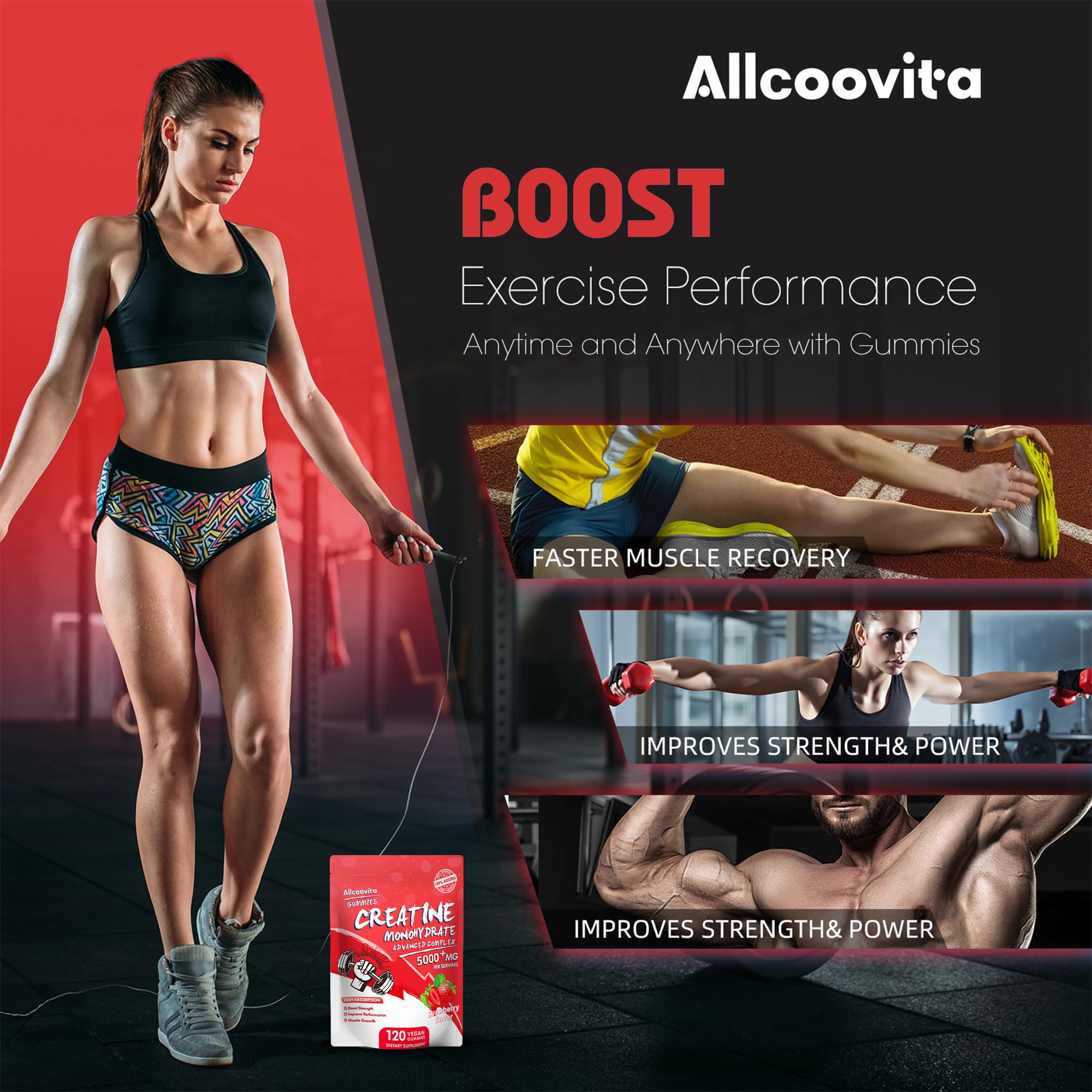 Allcoovita Creatina Gomitas textura: gomita suave para consumir después del ejercicio.