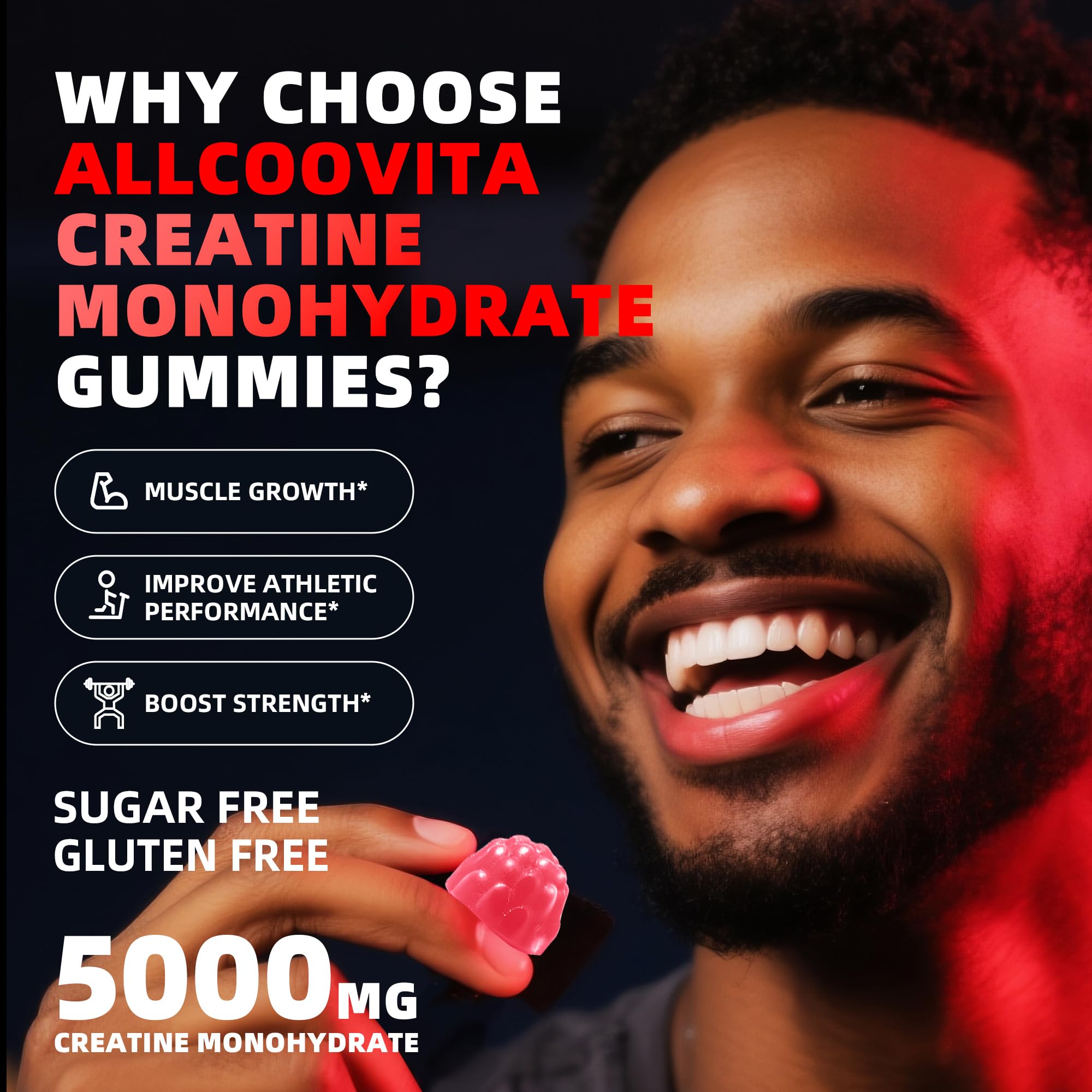 Allcoovita creatina gomitas sabor fresa, etiqueta trasera, apoyo a la resistencia diaria