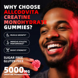 Allcoovita creatina gomitas sabor fresa, etiqueta trasera, apoyo a la resistencia diaria