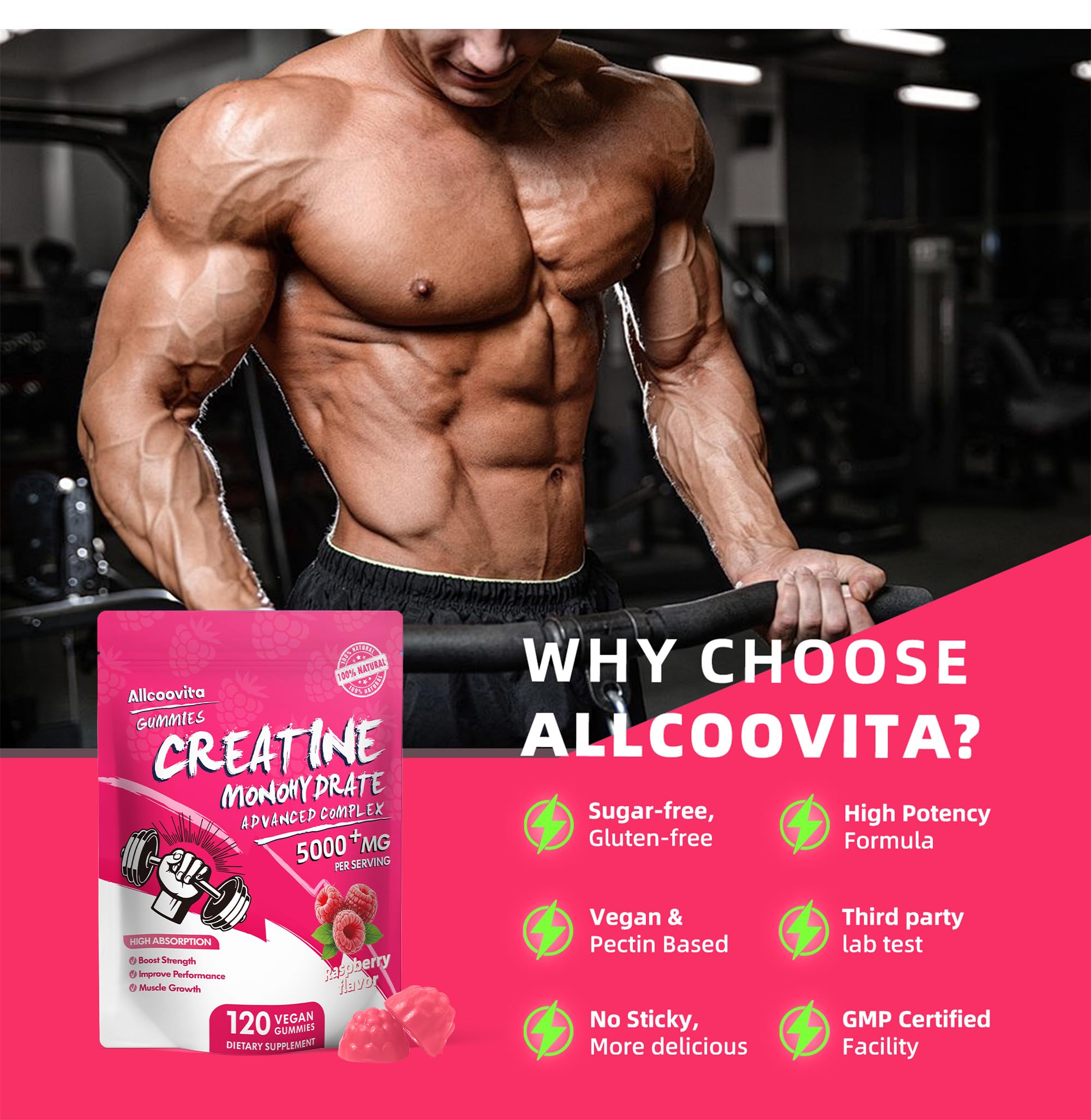 Allcoovita Creatina Gomitas, porción individual para control de consumo