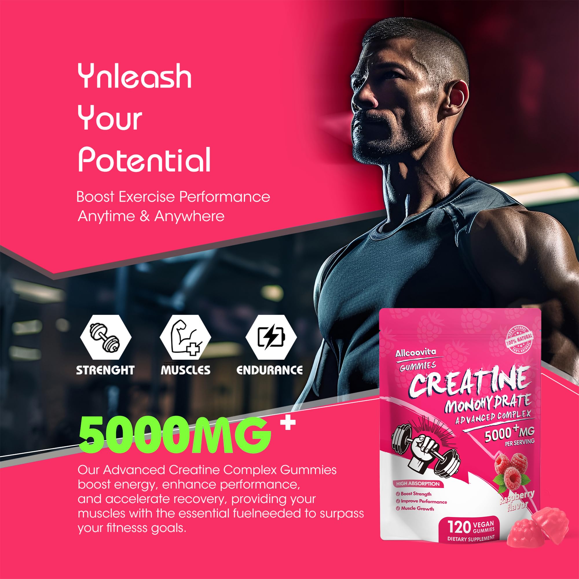 Allcoovita Creatina Gomitas, sabor frambuesa para snack refrescante